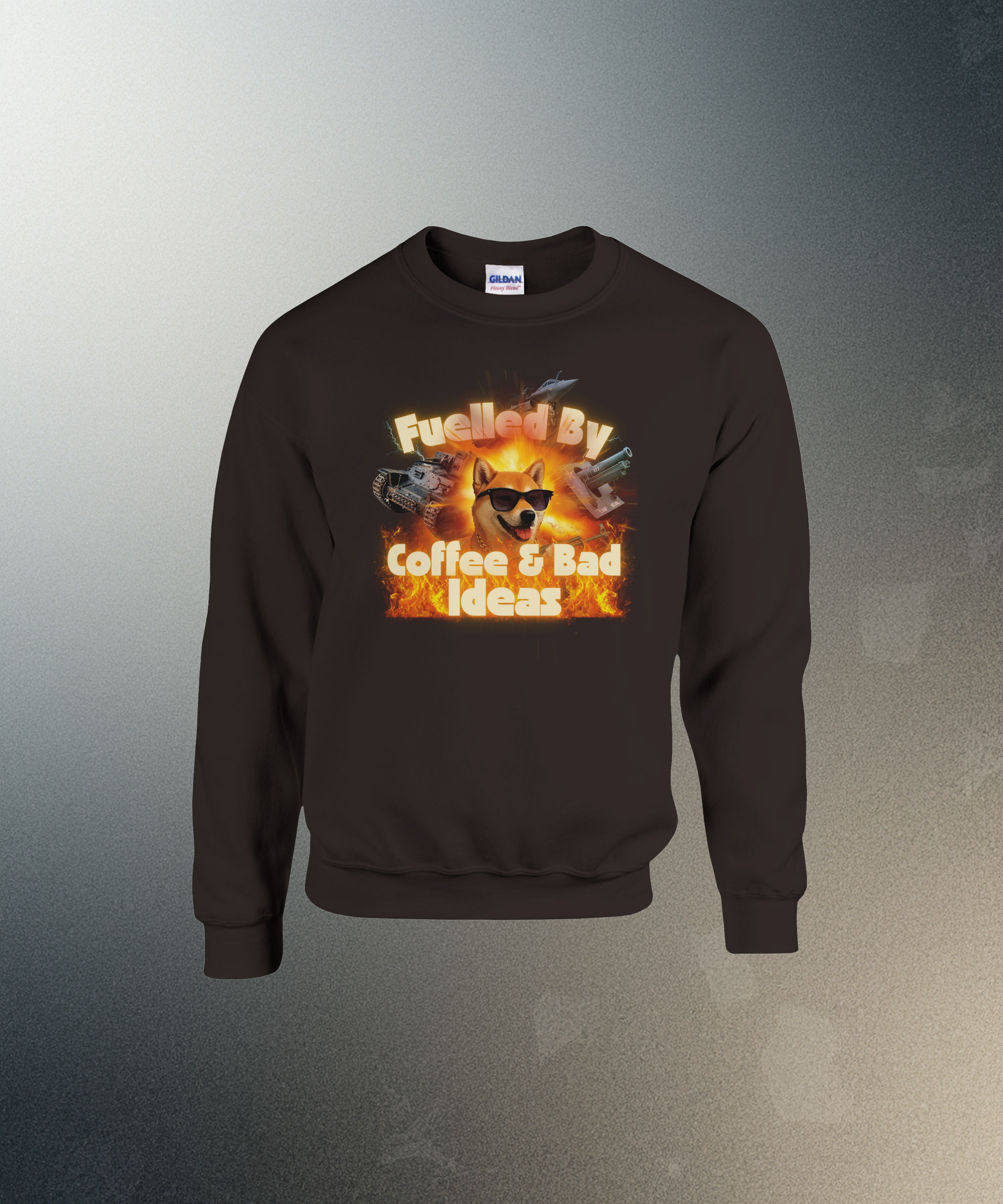 Fuelled by Coffee & Bad Ideas Sweatshirt | Funny History Meme | Military Tank Gift