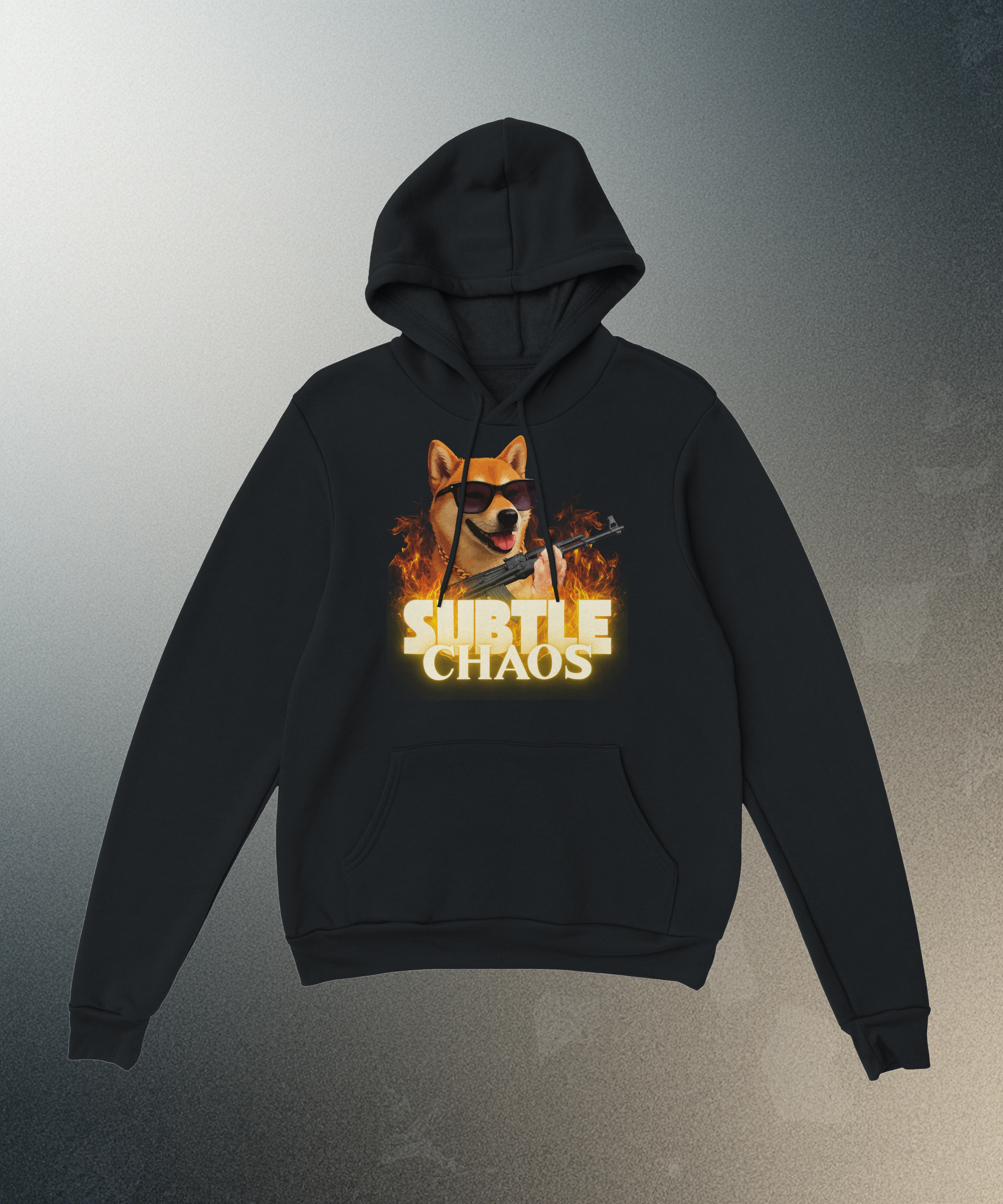 Subtle Chaos Shiba Inu Hoodie | Funny Tactical Dog Hooded Sweatshirt | AK47 Meme Clothing | Military History Buff Gift Graphic Outerwear