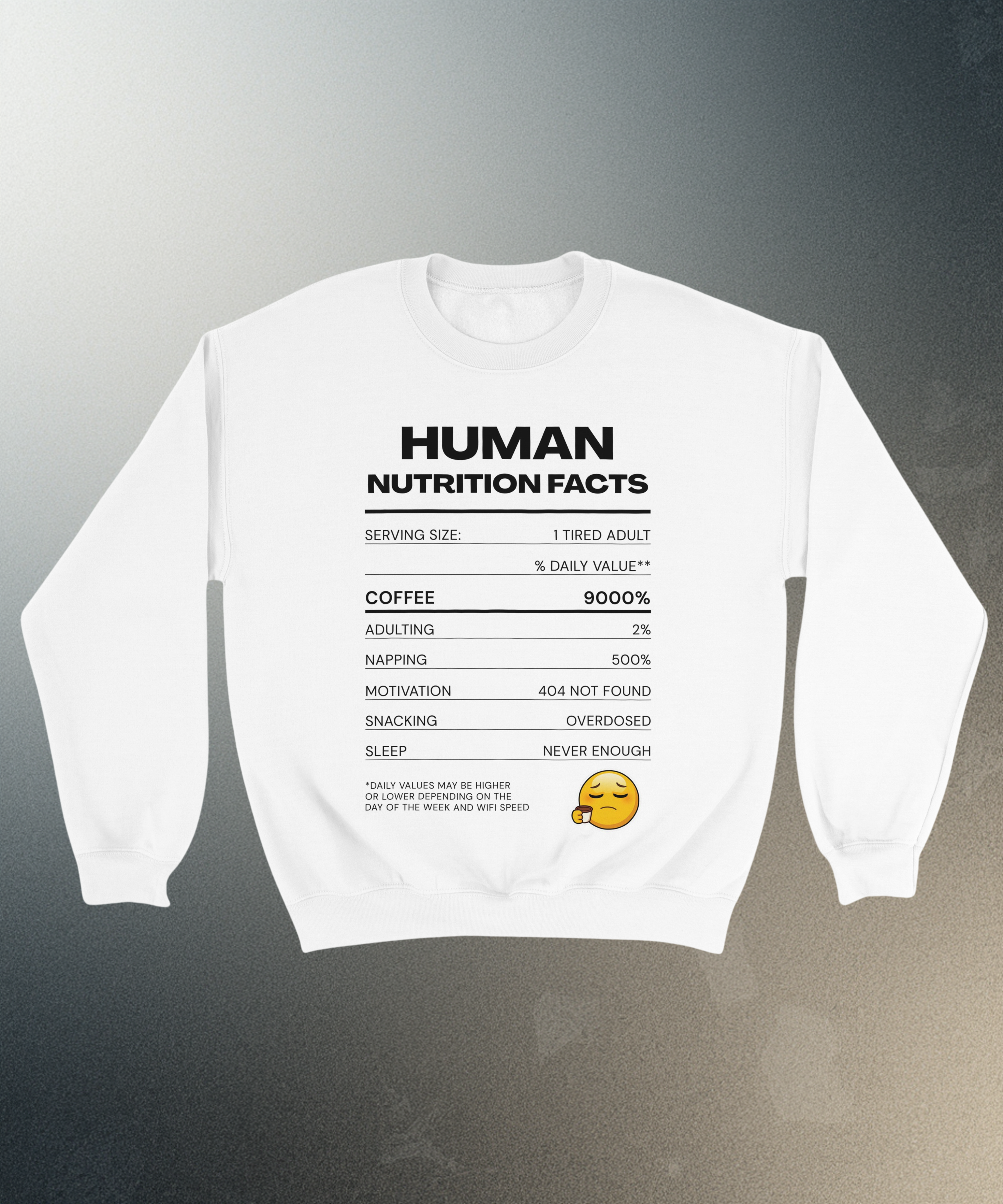 Human Nutrition Facts Sweater | Funny Sarcastic Sweatshirt | Coffee Addict Gift | Tired Adult Humour | Novelty Unisex Sweater