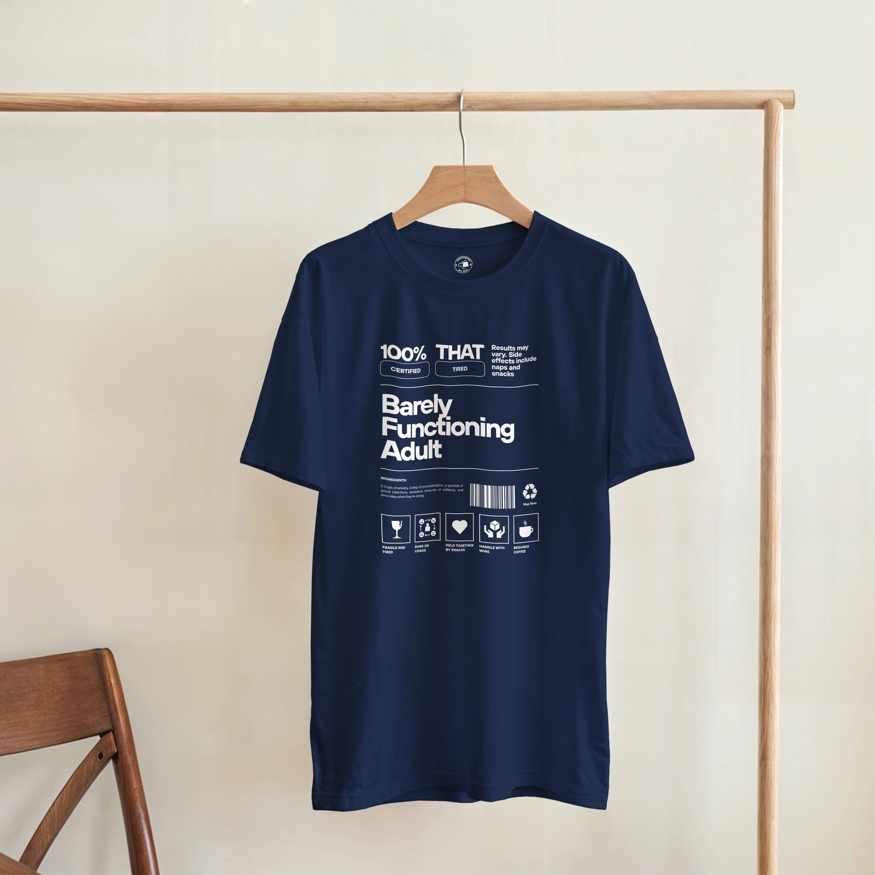 Barely Functioning Adult T-Shirt | Funny Meme Tee | Sarcastic Gift | Tired Adult Shirt | Chaos Coffee Anxiety Tee | Gift For Her Him