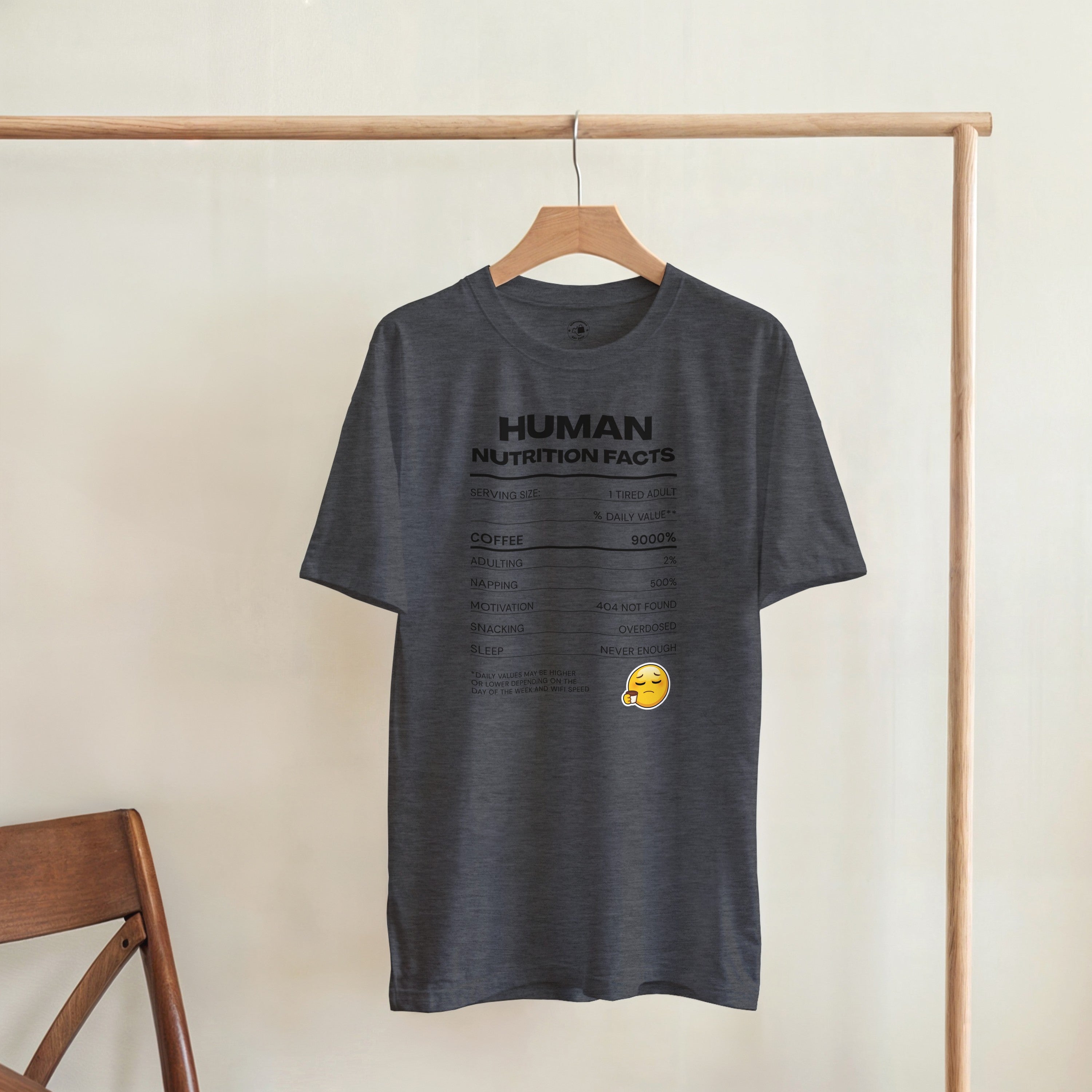 Human Nutrition Facts Tee | Funny Sarcastic Shirt | Coffee Addict Gift | Tired Adult Humour | Novelty T-Shirt Unisex Graphic Tee