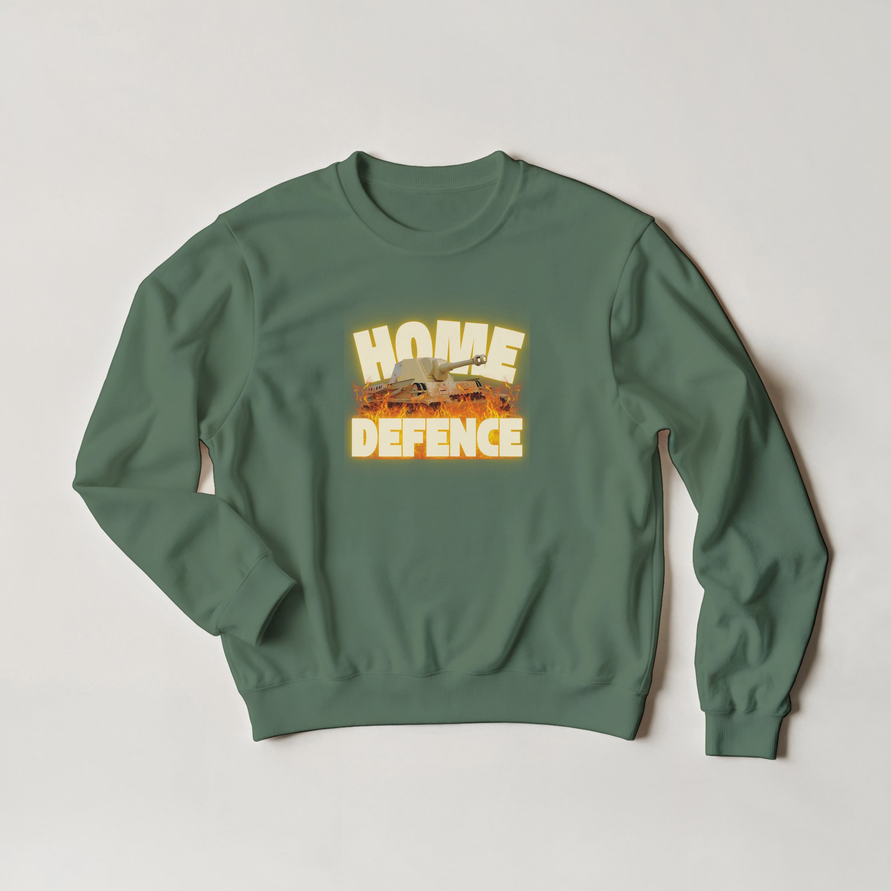 Home Defence Tank Crewneck | Military Graphic Pullover | Vintage Army Streetwear