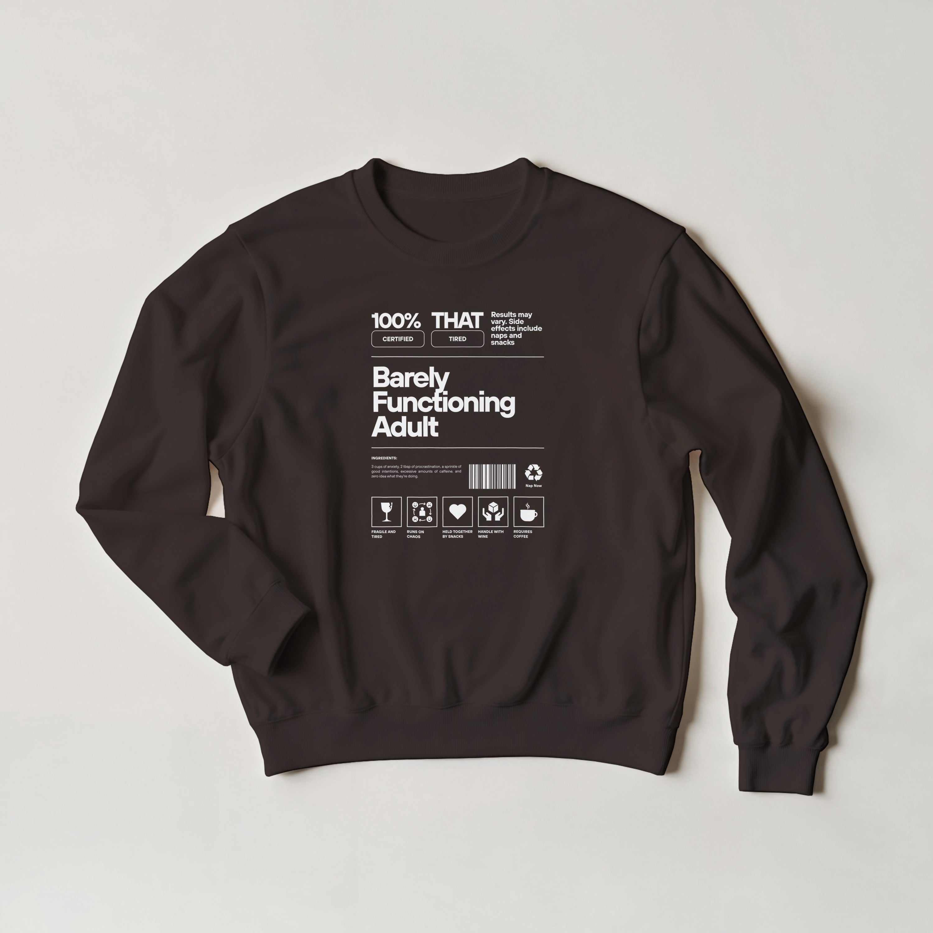 Barely Functioning Adult Sweater | Funny Meme Jumper | Sarcastic Gift | Tired Adult Sweatshirt | Chaos Coffee Anxiety | Gift For Her Him