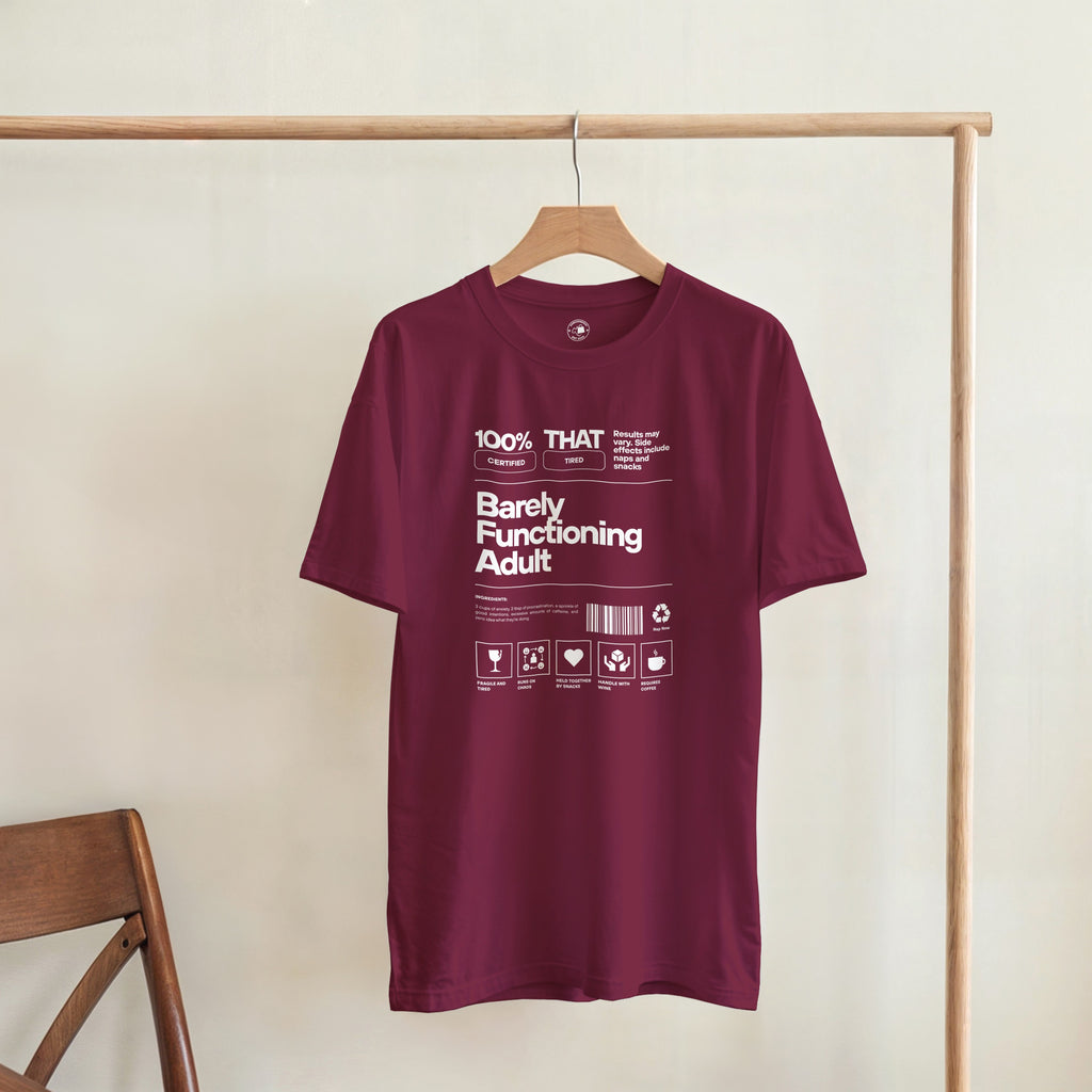 Barely Functioning Adult T-Shirt | Funny Meme Tee | Sarcastic Gift | Tired Adult Shirt | Chaos Coffee Anxiety Tee | Gift For Her Him