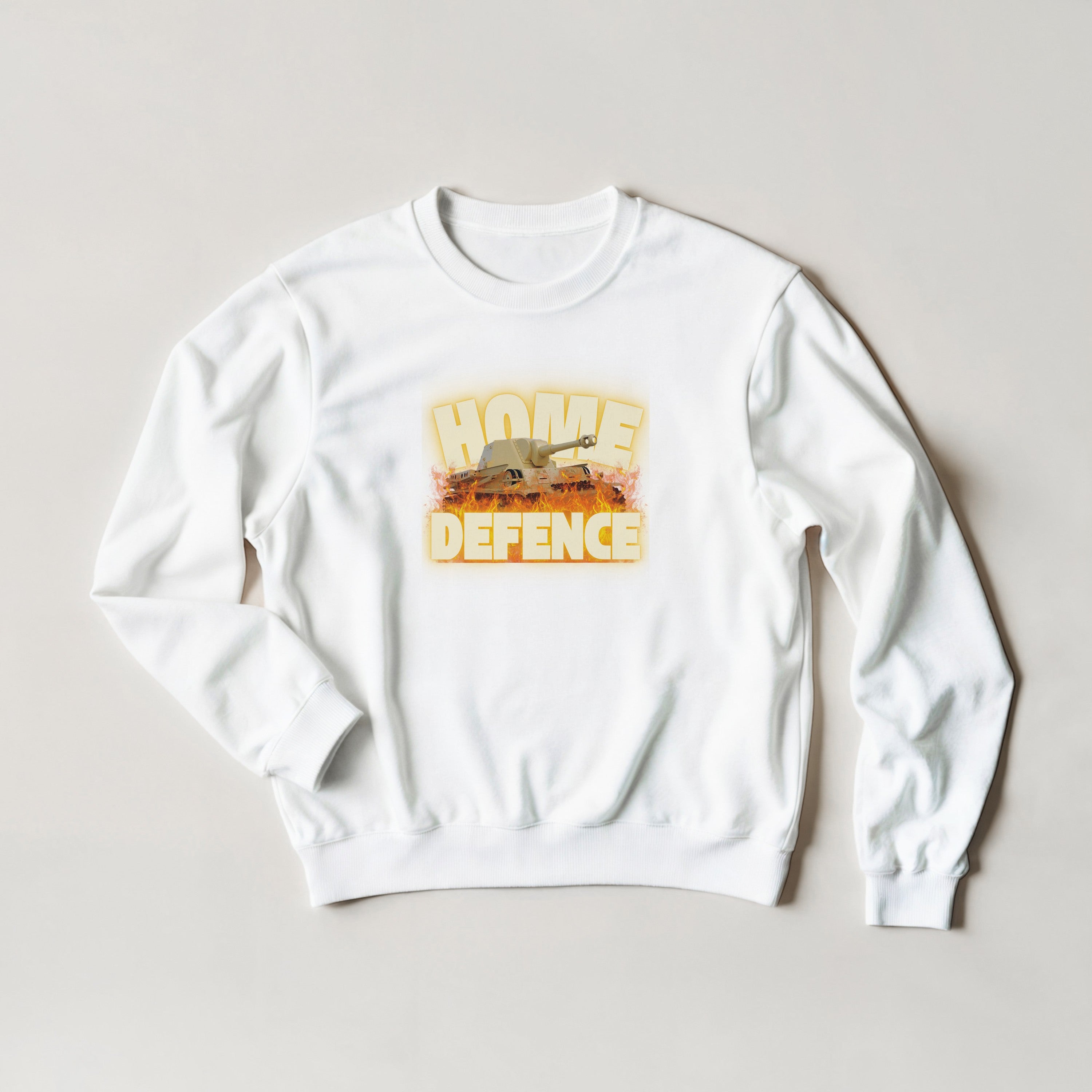 Home Defence Tank Crewneck | Military Graphic Pullover | Vintage Army Streetwear