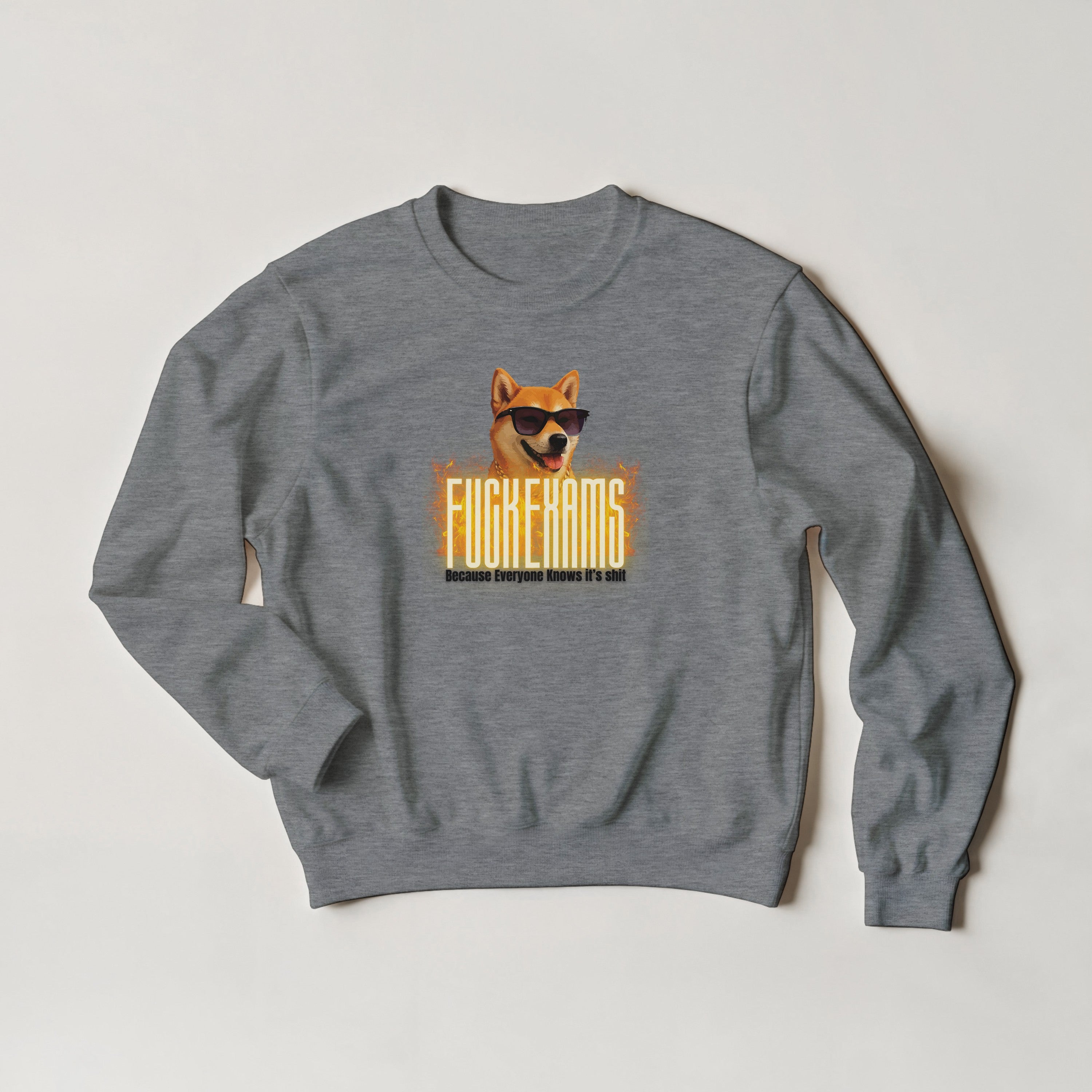 Fuck Exams Dog Sweater | Funny Shiba Inu Meme Crewneck | Sarcastic Student Gift