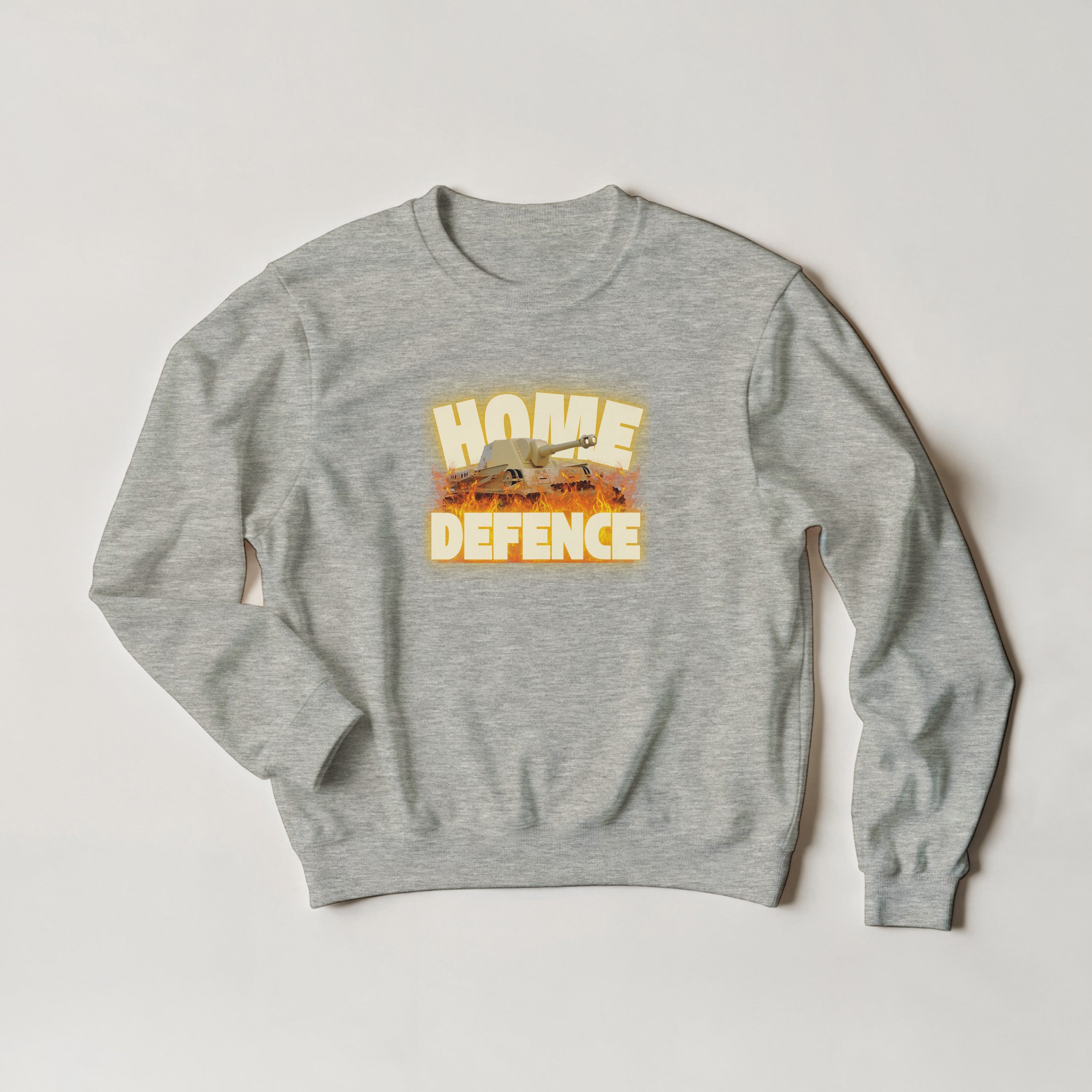 Home Defence Tank Crewneck | Military Graphic Pullover | Vintage Army Streetwear
