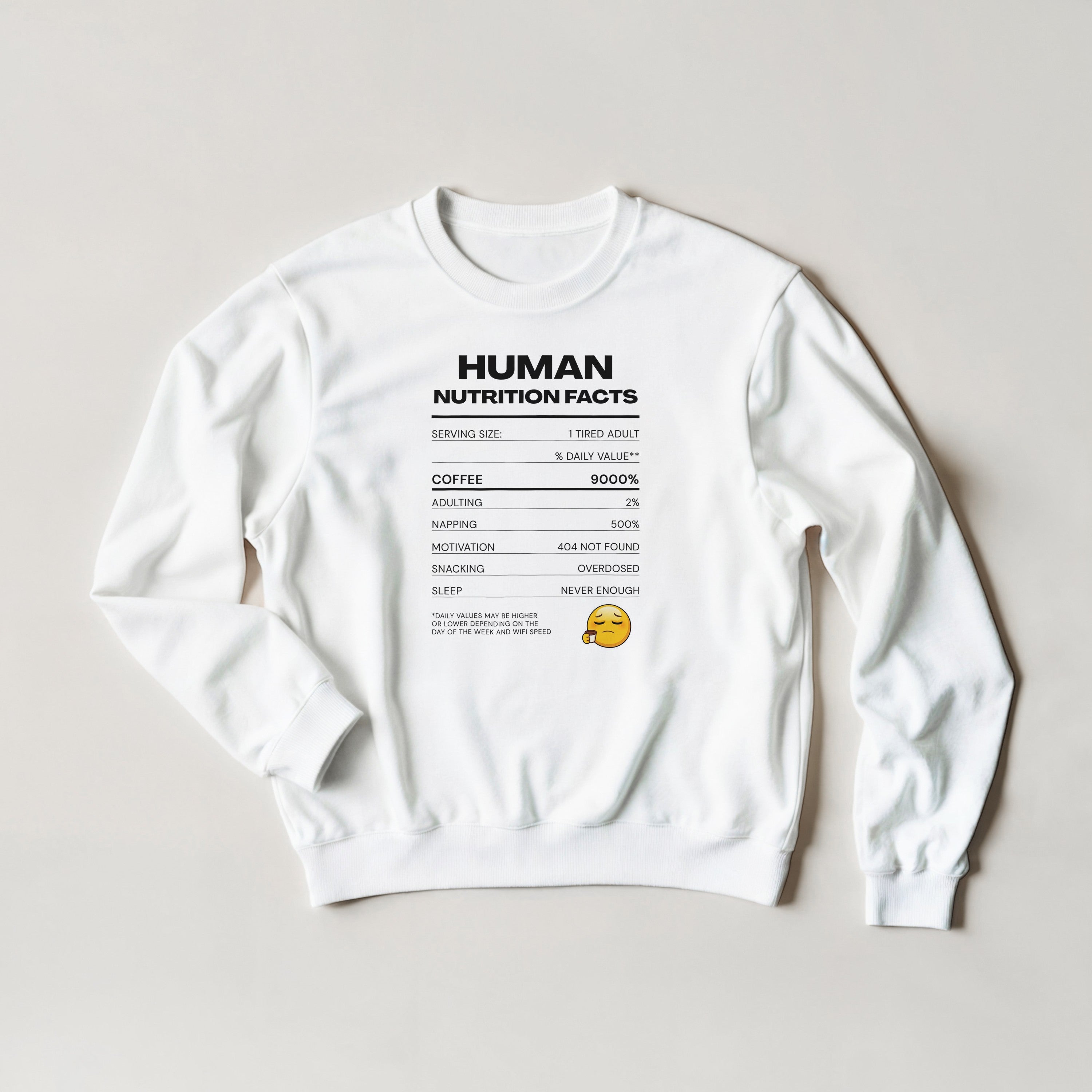 Human Nutrition Facts Sweater | Funny Sarcastic Sweatshirt | Coffee Addict Gift | Tired Adult Humour | Novelty Unisex Sweater