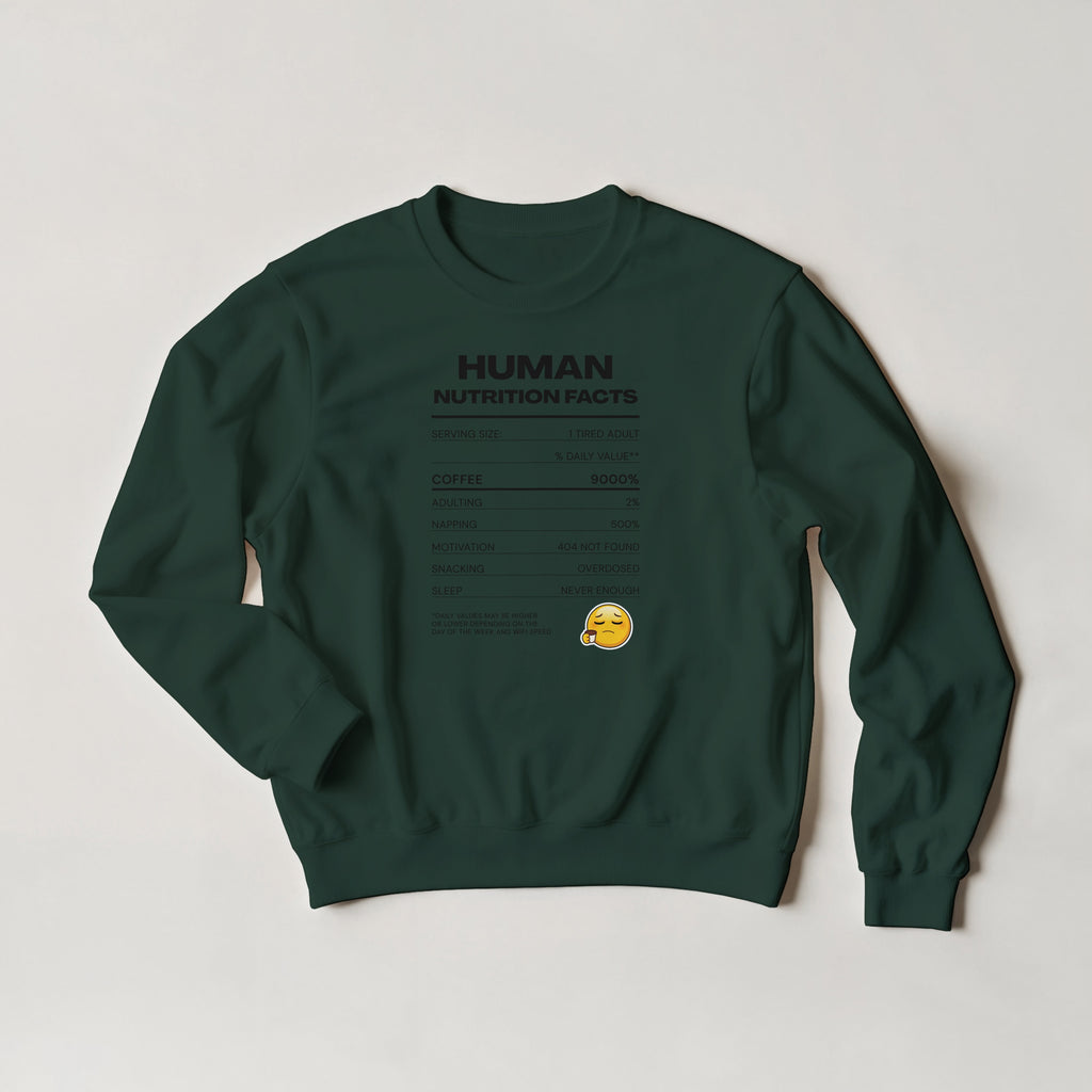 Human Nutrition Facts Sweater | Funny Sarcastic Sweatshirt | Coffee Addict Gift | Tired Adult Humour | Novelty Unisex Sweater