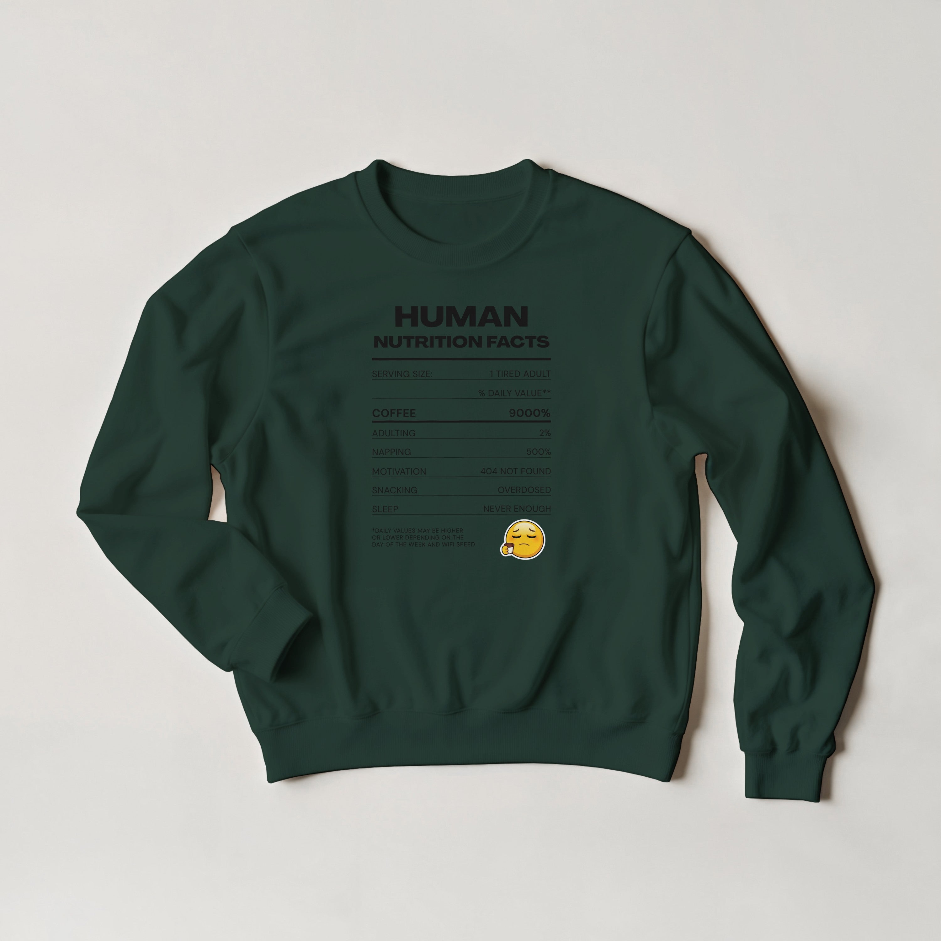 Human Nutrition Facts Sweater | Funny Sarcastic Sweatshirt | Coffee Addict Gift | Tired Adult Humour | Novelty Unisex Sweater