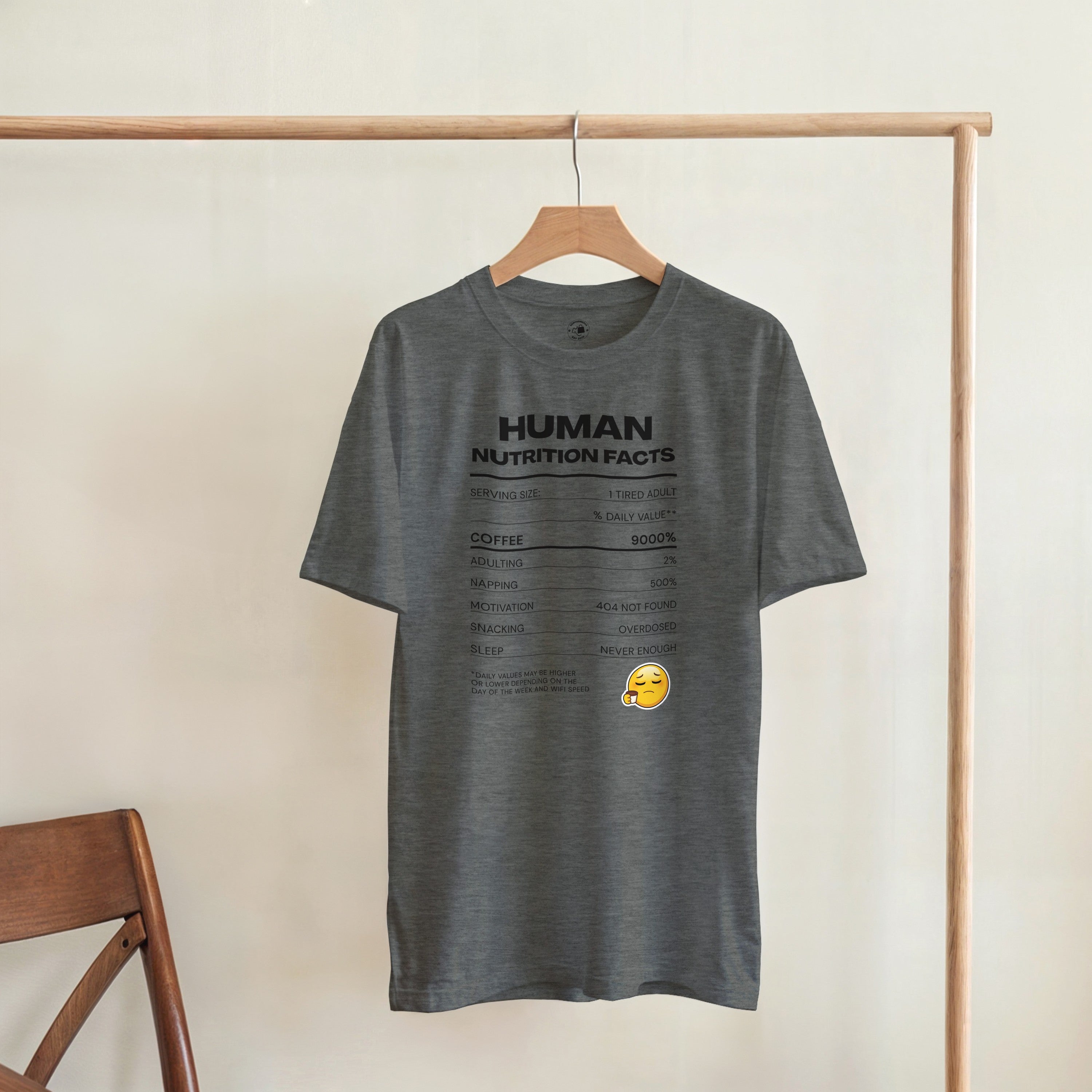 Human Nutrition Facts Tee | Funny Sarcastic Shirt | Coffee Addict Gift | Tired Adult Humour | Novelty T-Shirt Unisex Graphic Tee