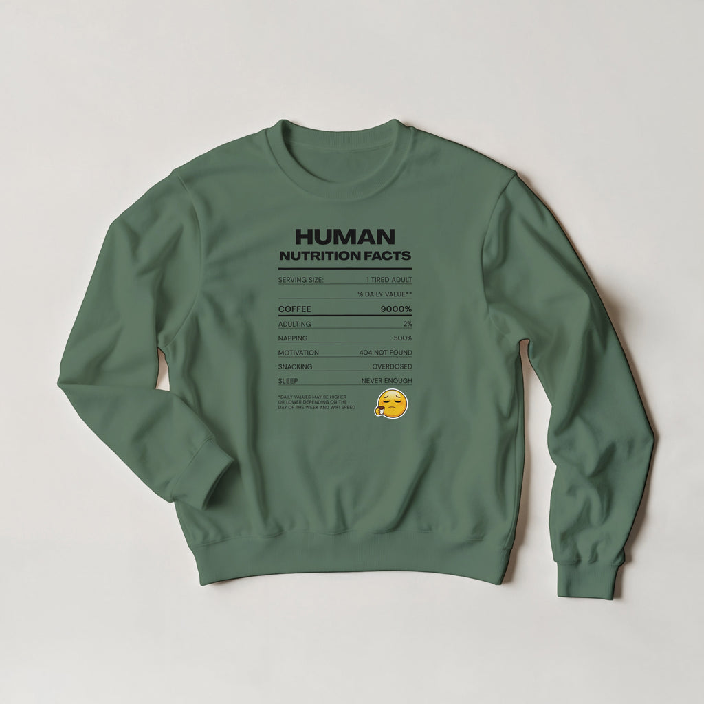 Human Nutrition Facts Sweater | Funny Sarcastic Sweatshirt | Coffee Addict Gift | Tired Adult Humour | Novelty Unisex Sweater
