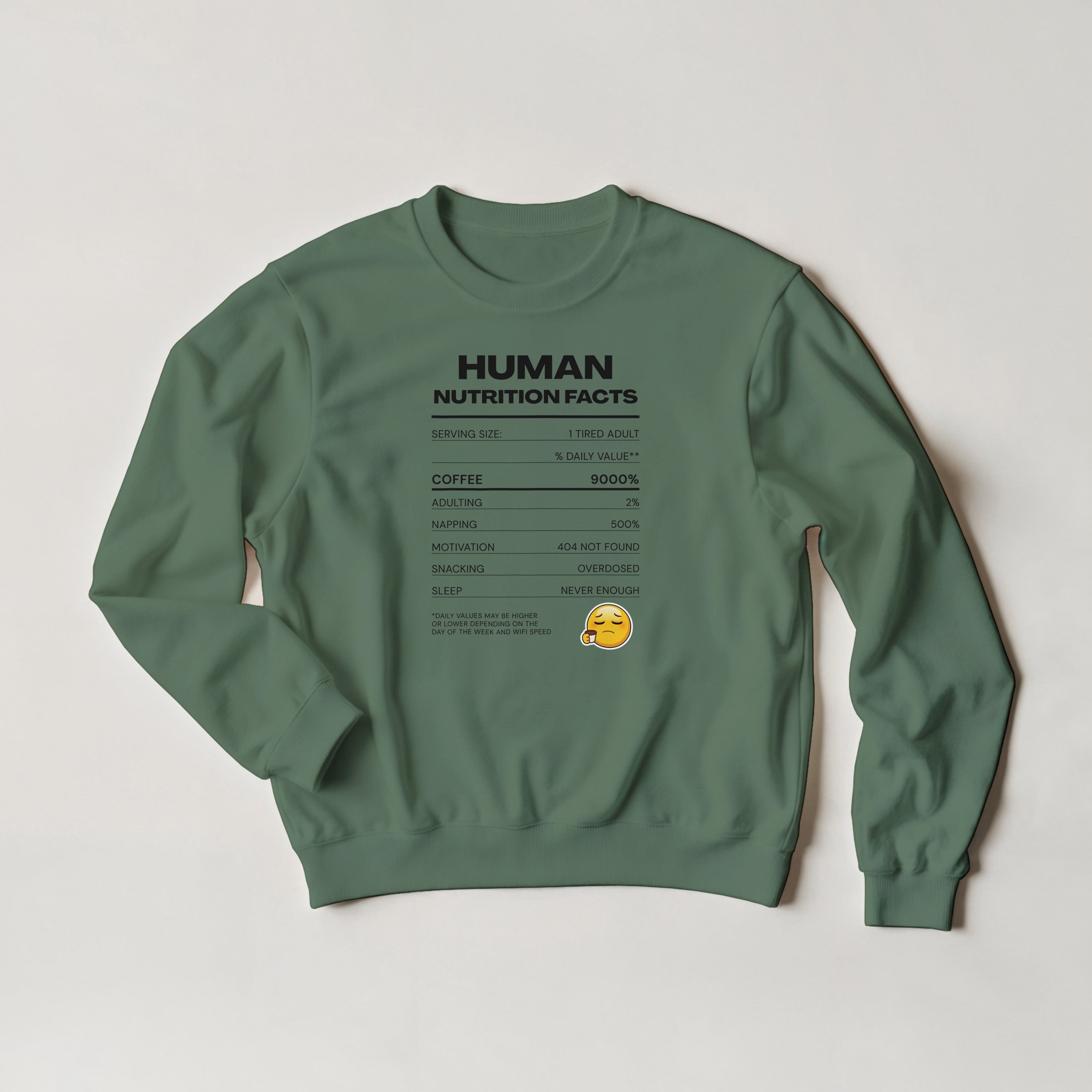 Human Nutrition Facts Sweater | Funny Sarcastic Sweatshirt | Coffee Addict Gift | Tired Adult Humour | Novelty Unisex Sweater
