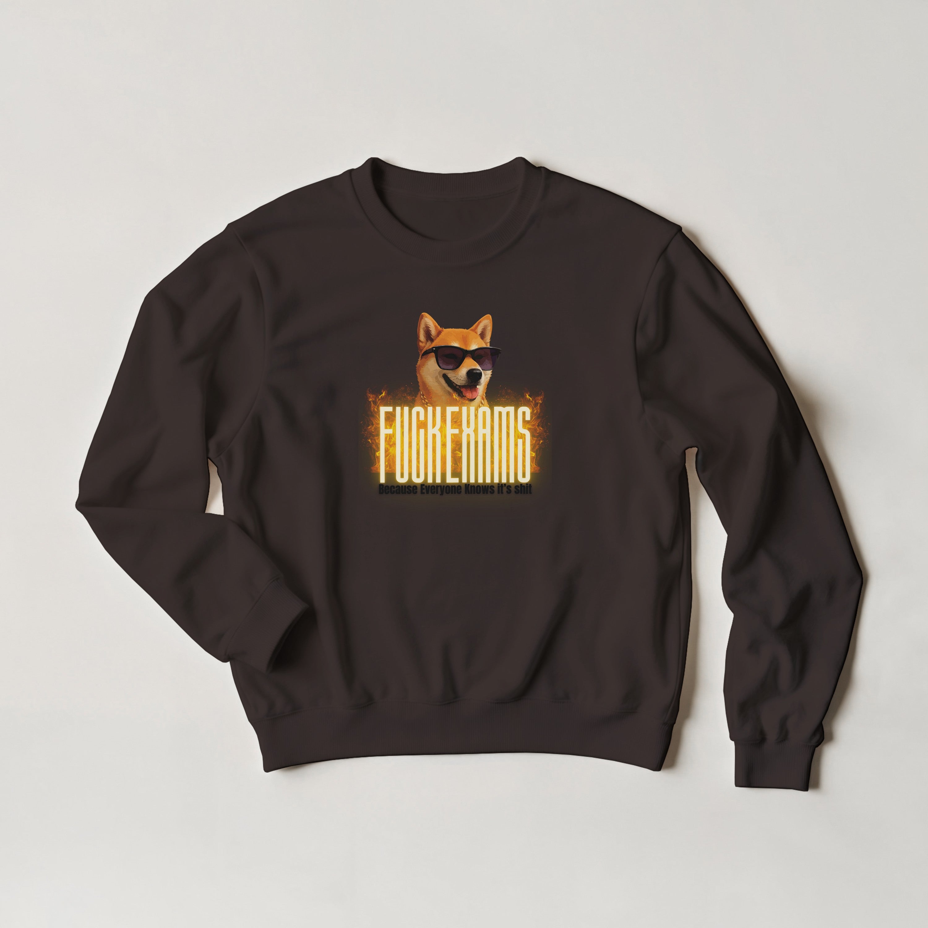 Fuck Exams Dog Sweater | Funny Shiba Inu Meme Crewneck | Sarcastic Student Gift