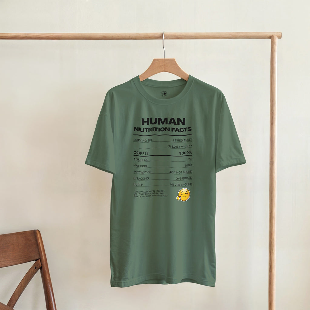 Human Nutrition Facts Tee | Funny Sarcastic Shirt | Coffee Addict Gift | Tired Adult Humour | Novelty T-Shirt Unisex Graphic Tee