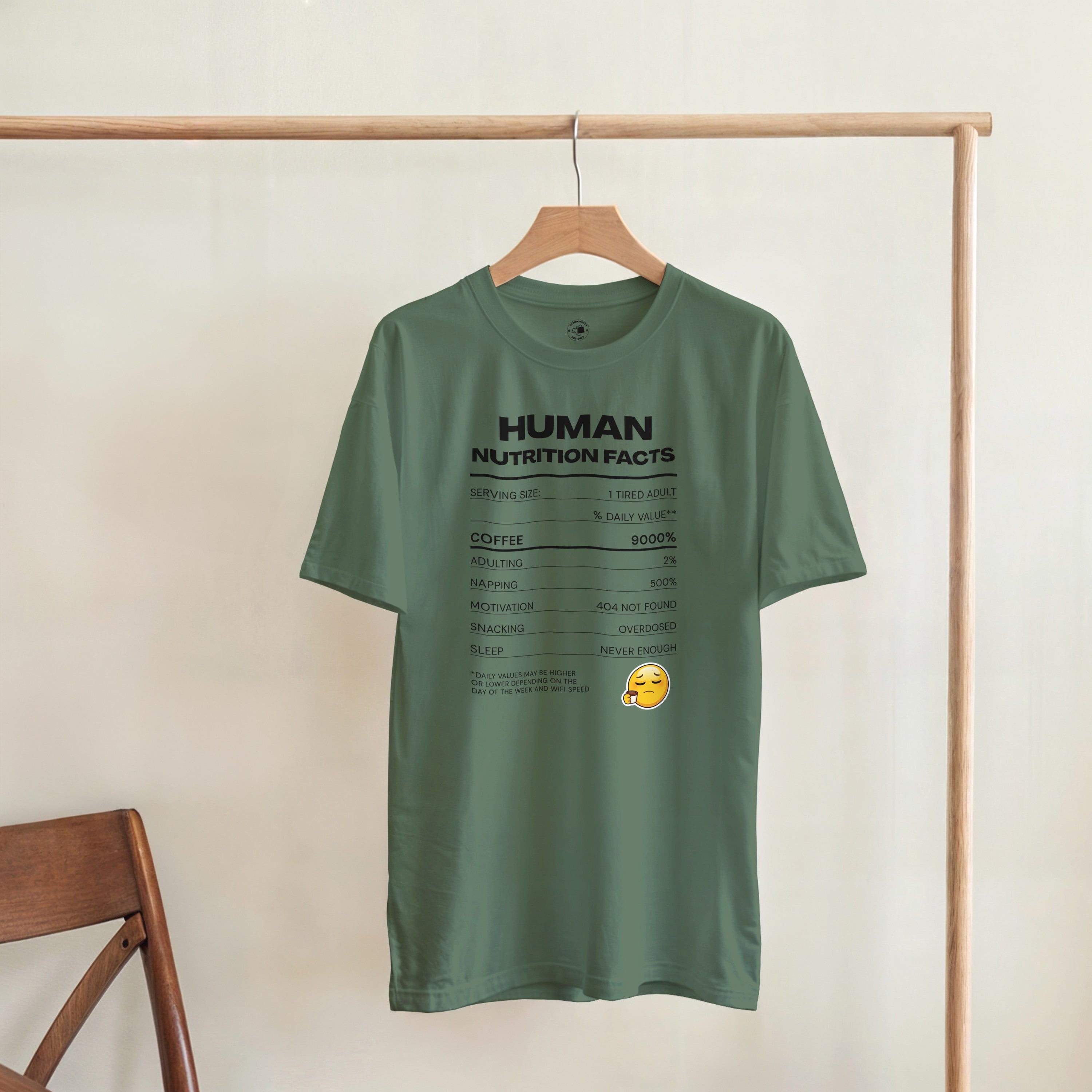 Human Nutrition Facts Tee | Funny Sarcastic Shirt | Coffee Addict Gift | Tired Adult Humour | Novelty T-Shirt Unisex Graphic Tee