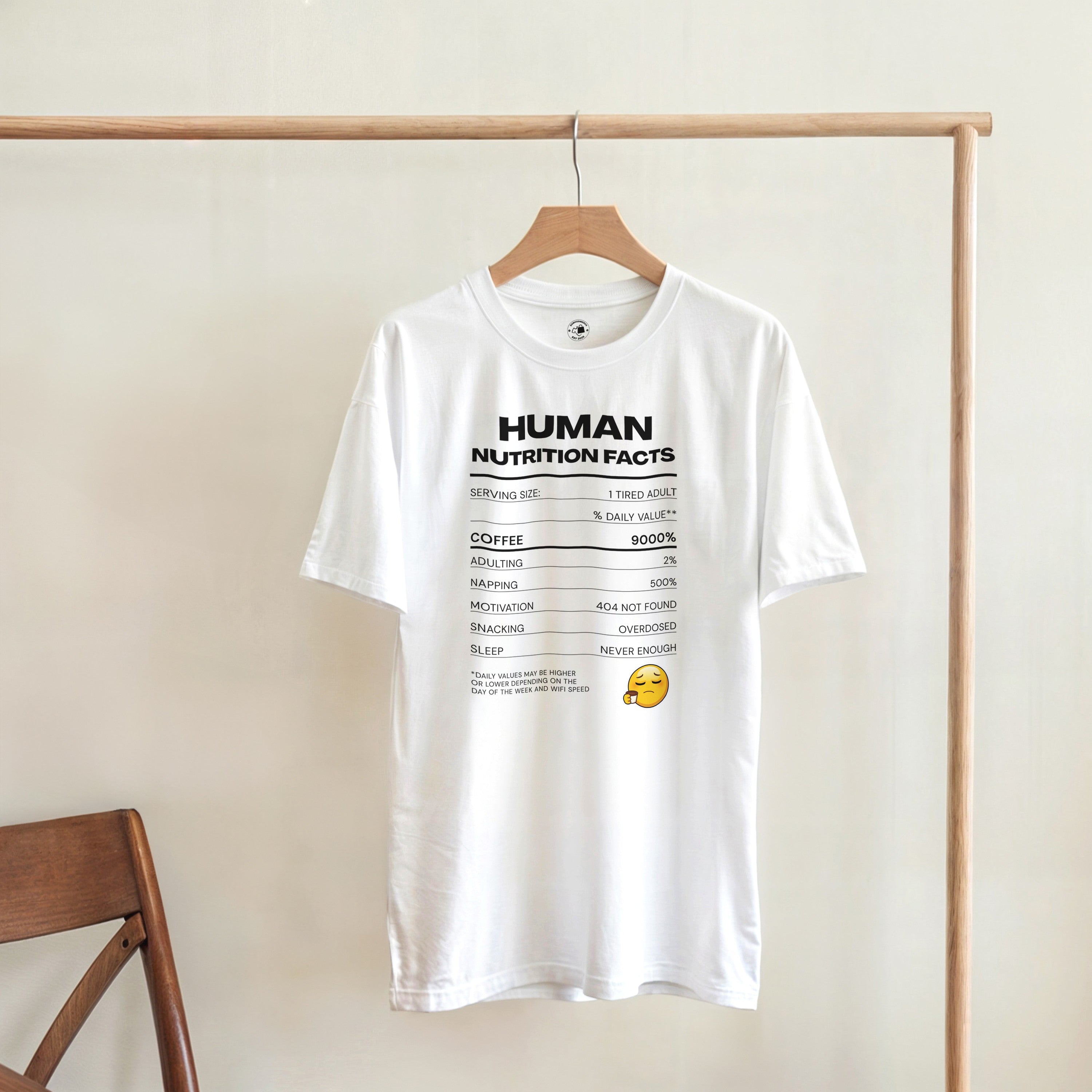 Human Nutrition Facts Tee | Funny Sarcastic Shirt | Coffee Addict Gift | Tired Adult Humour | Novelty T-Shirt Unisex Graphic Tee