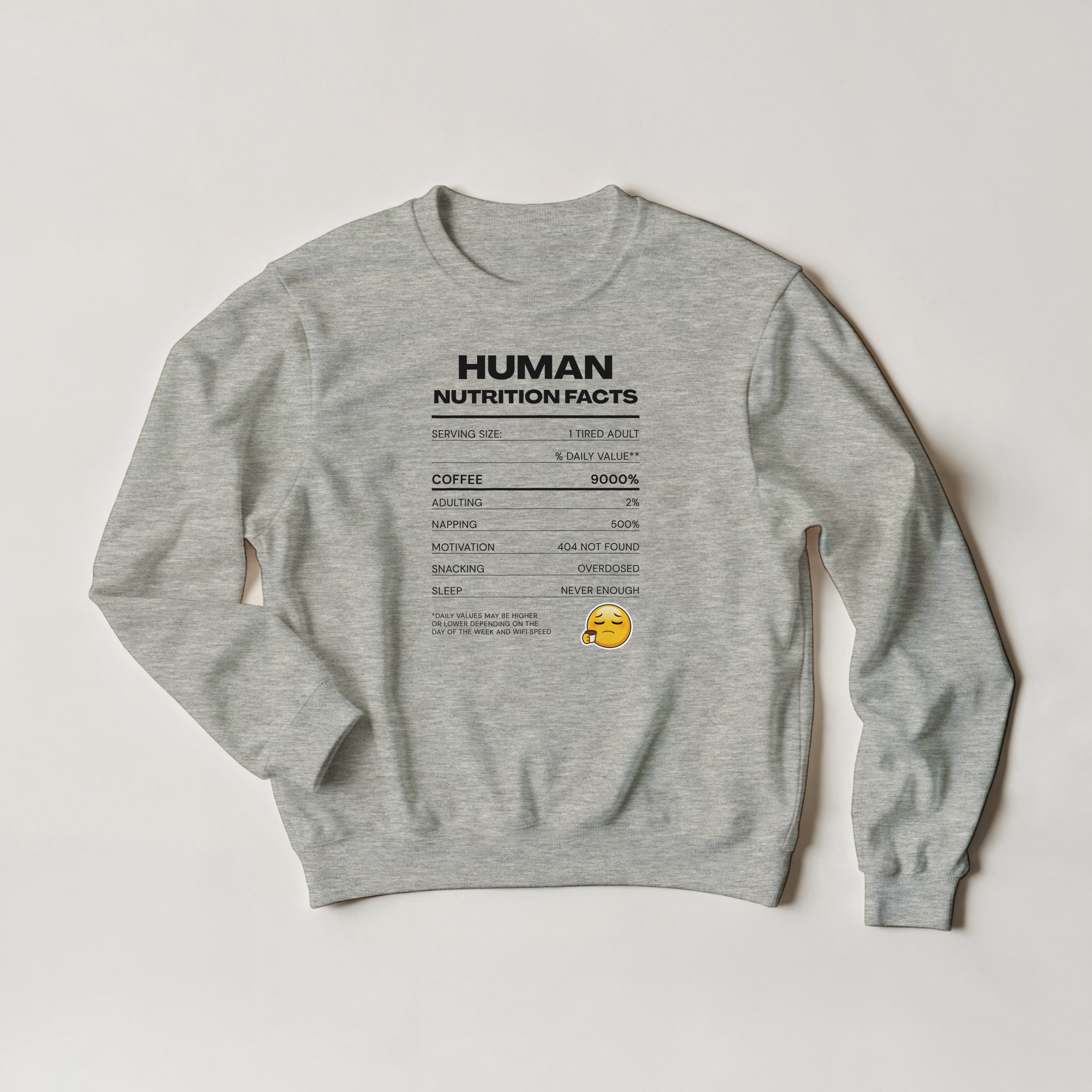 Human Nutrition Facts Sweater | Funny Sarcastic Sweatshirt | Coffee Addict Gift | Tired Adult Humour | Novelty Unisex Sweater
