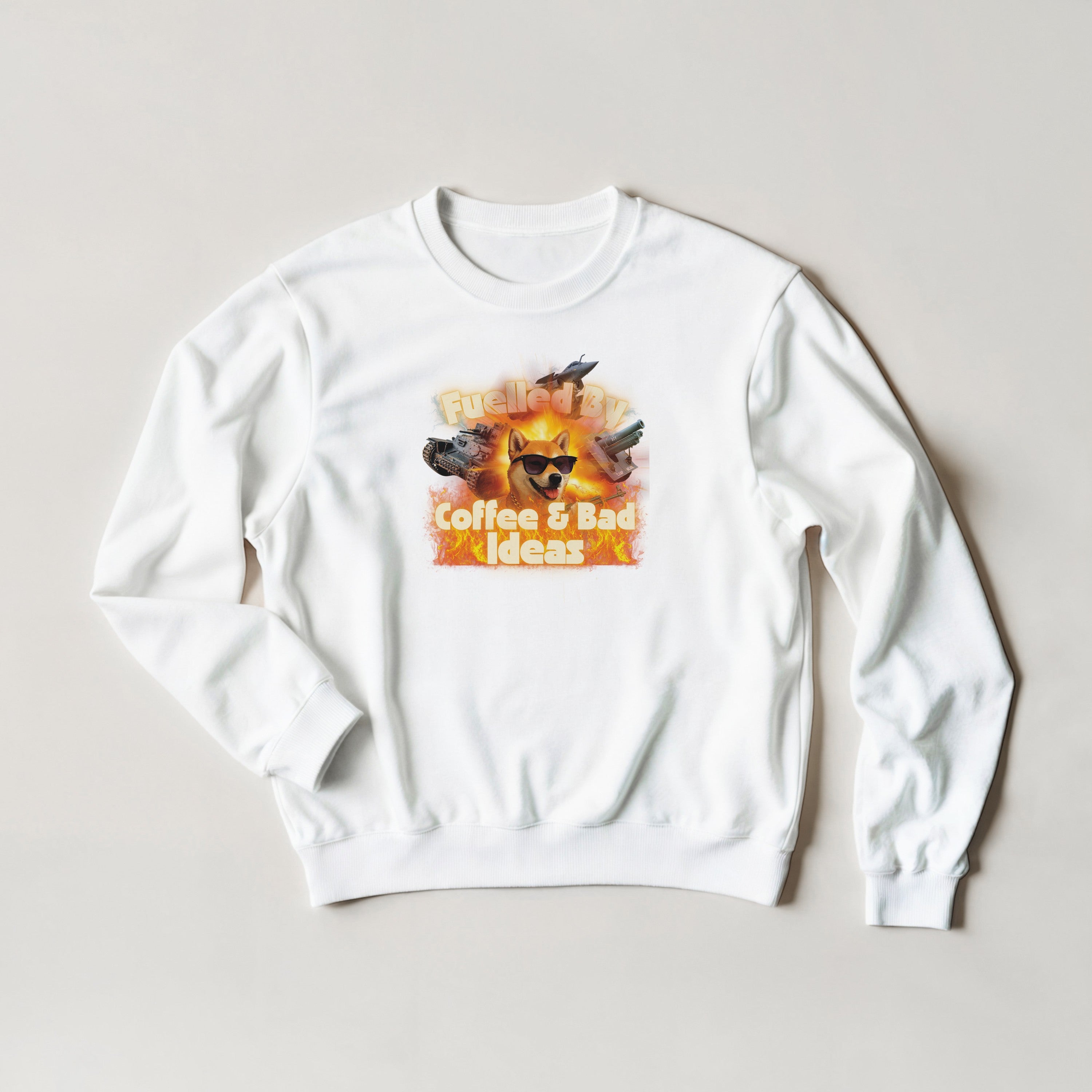 Fuelled by Coffee & Bad Ideas Sweatshirt | Funny History Meme | Military Tank Gift