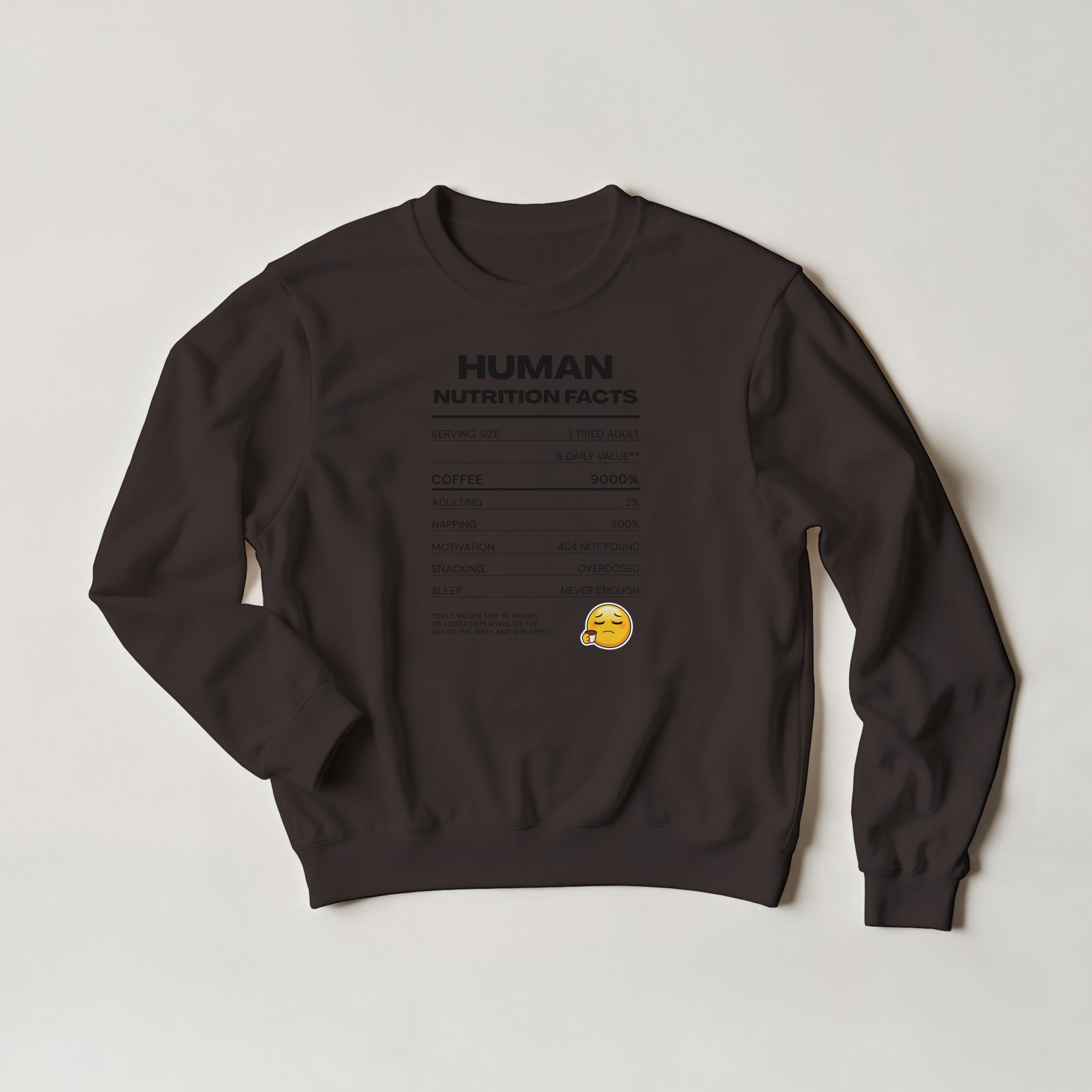 Human Nutrition Facts Sweater | Funny Sarcastic Sweatshirt | Coffee Addict Gift | Tired Adult Humour | Novelty Unisex Sweater