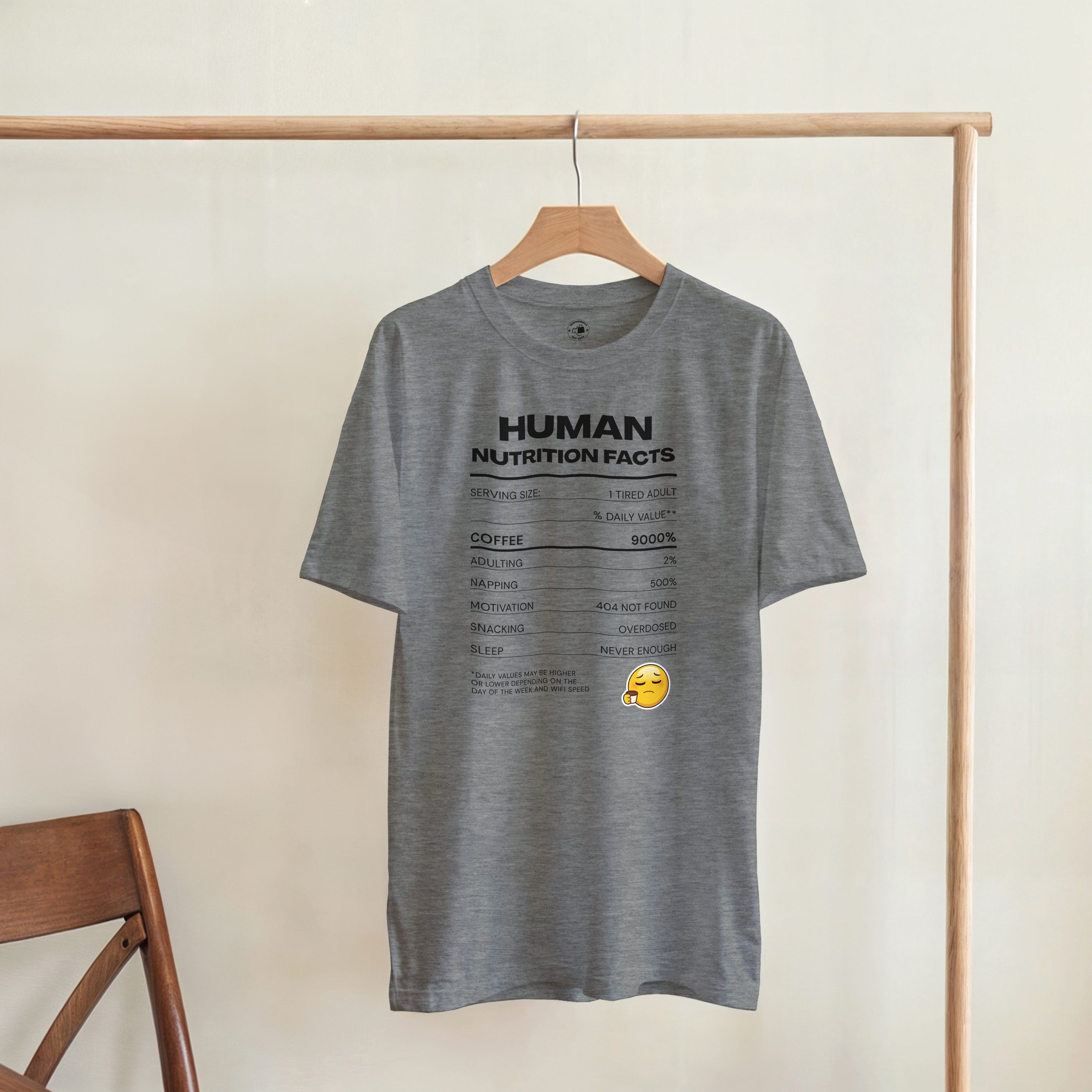 Human Nutrition Facts Tee | Funny Sarcastic Shirt | Coffee Addict Gift | Tired Adult Humour | Novelty T-Shirt Unisex Graphic Tee