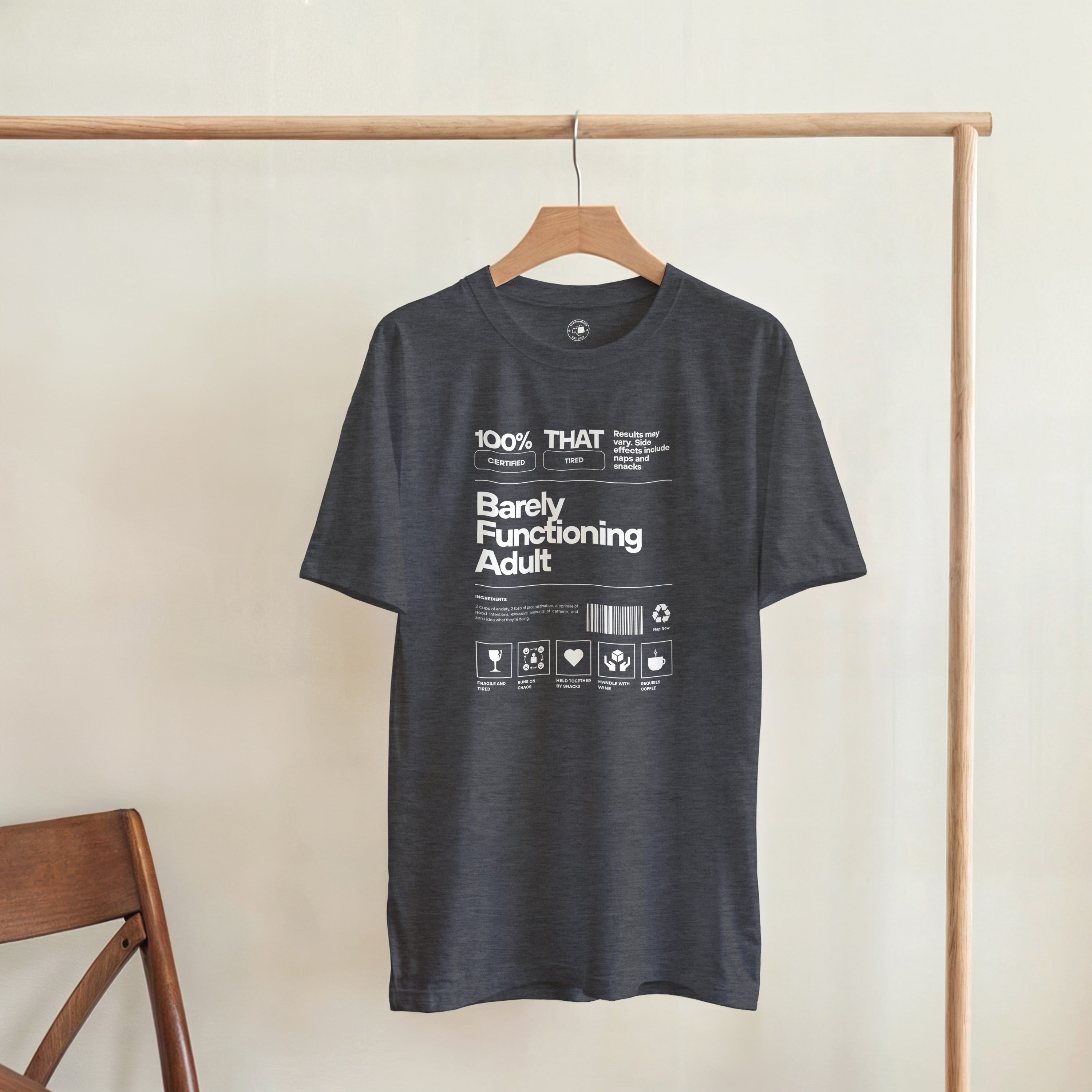 Barely Functioning Adult T-Shirt | Funny Meme Tee | Sarcastic Gift | Tired Adult Shirt | Chaos Coffee Anxiety Tee | Gift For Her Him
