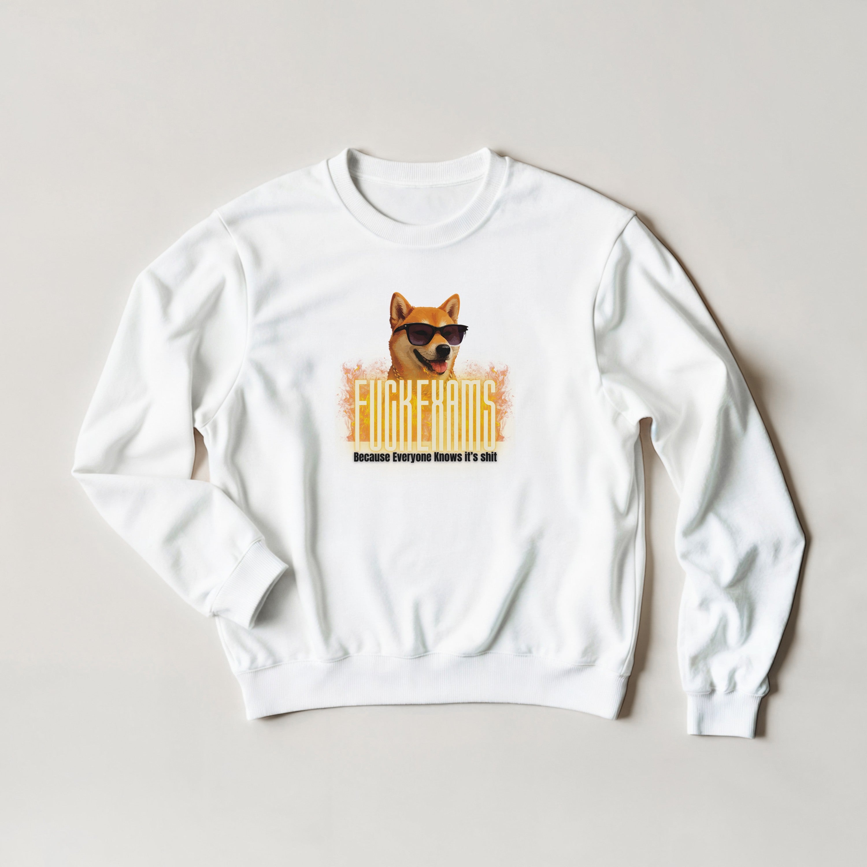 Fuck Exams Dog Sweater | Funny Shiba Inu Meme Crewneck | Sarcastic Student Gift