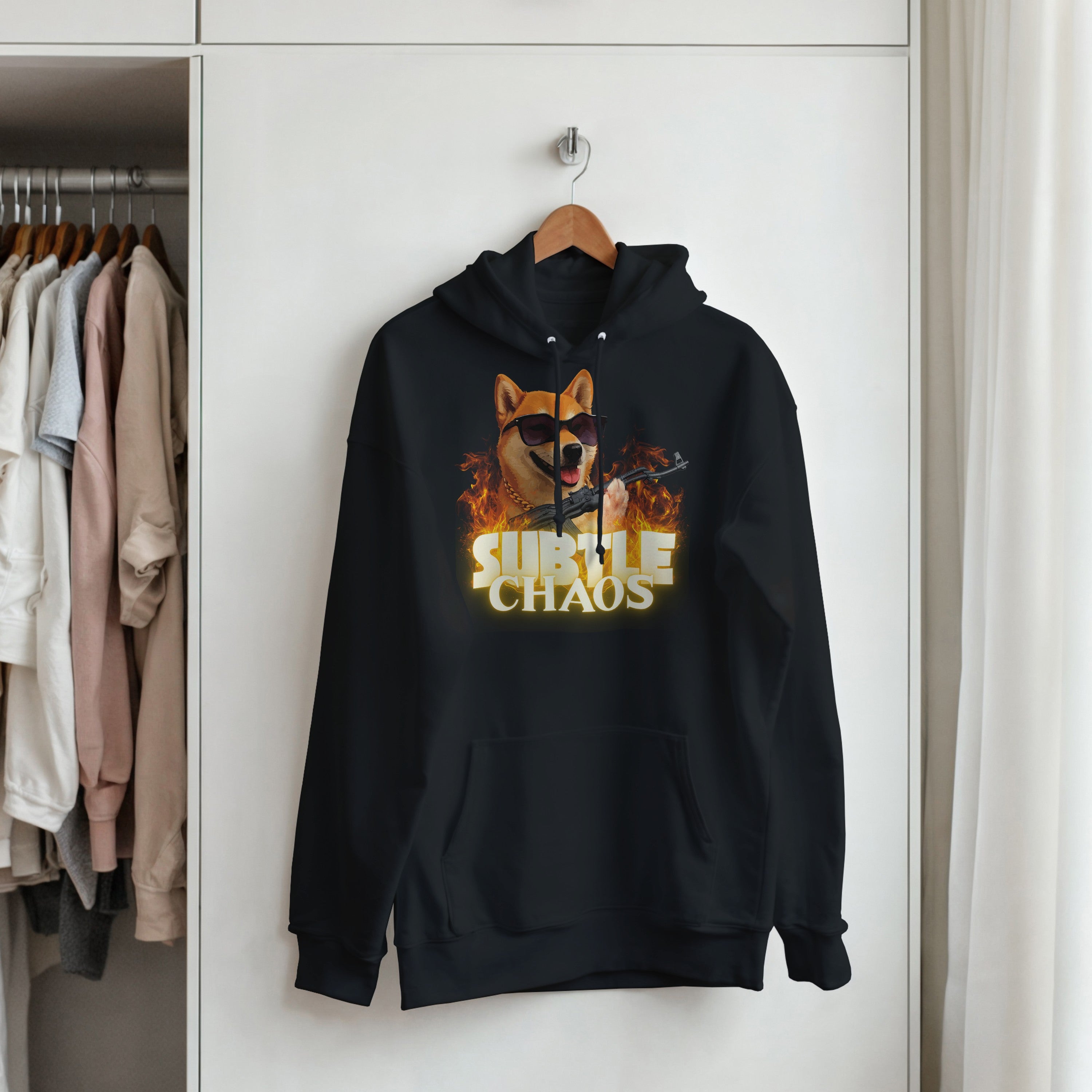 Subtle Chaos Shiba Inu Hoodie | Funny Tactical Dog Hooded Sweatshirt | AK47 Meme Clothing | Military History Buff Gift Graphic Outerwear