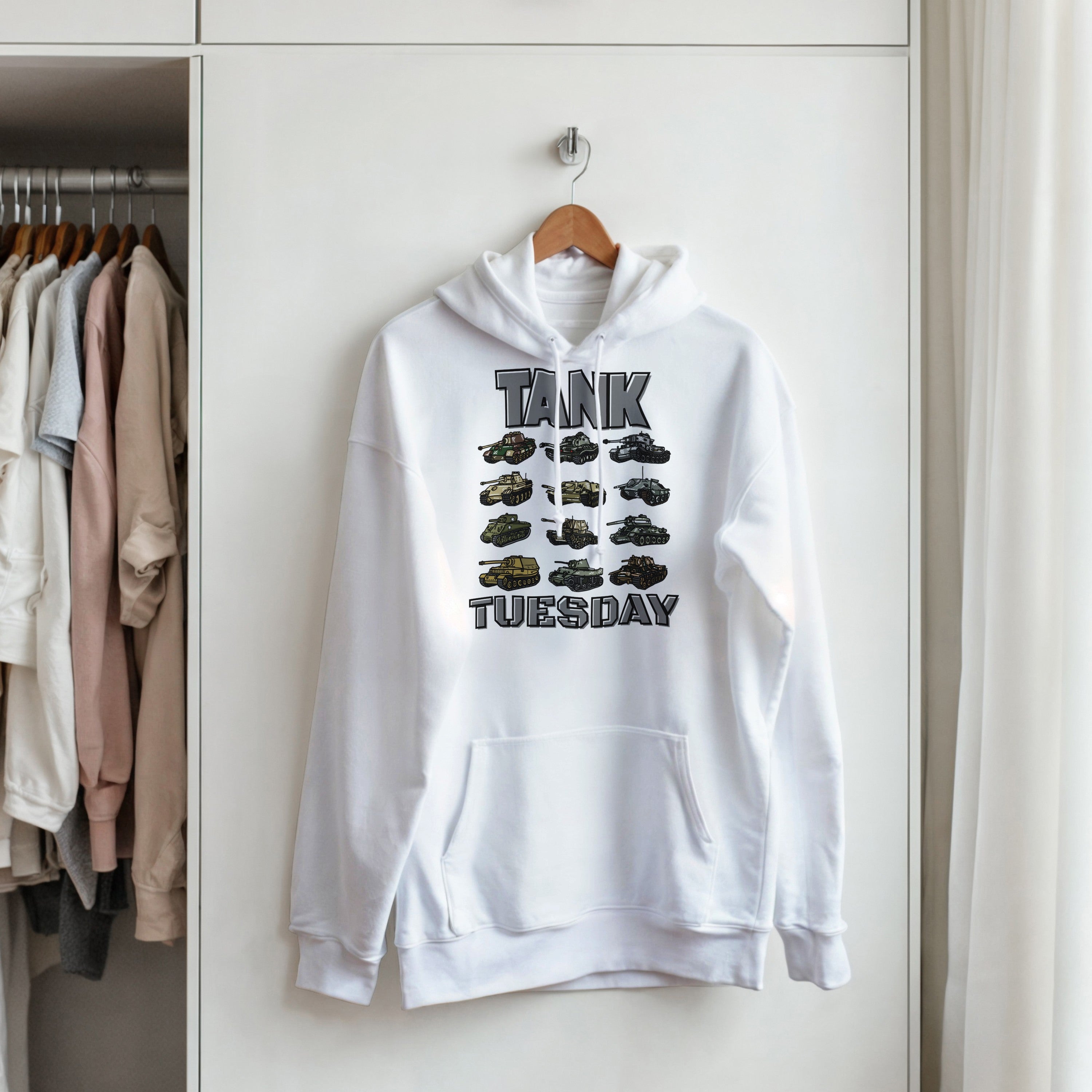 WW2 Tank Tuesday Hoodie | World War 2 Hooded Sweatshirt | Military History Gift | Panzer Tiger Sherman Pullover | Historical Armor Clothing