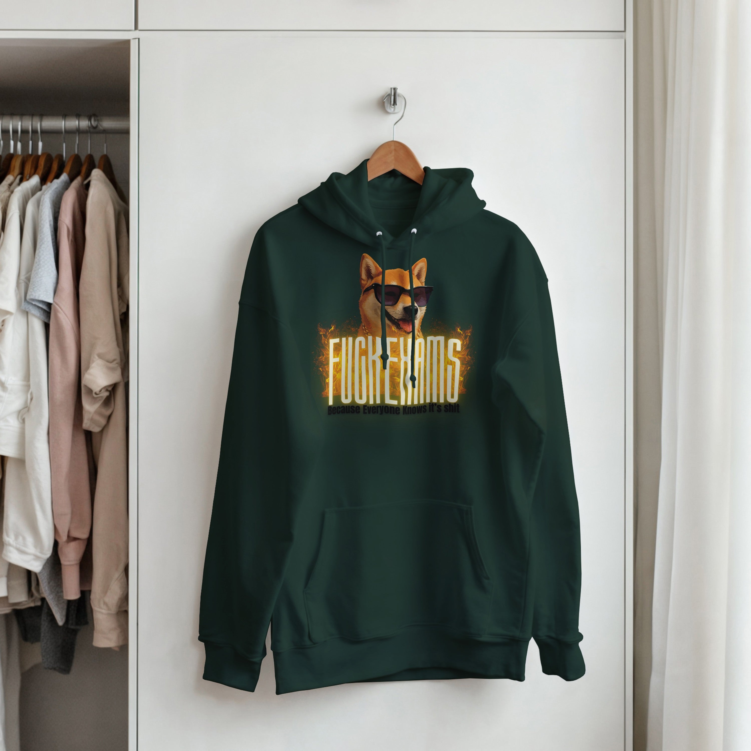 Fuck Exams Dog Hoodie | Funny Shiba Inu Meme Pullover | Sarcastic Student Gift