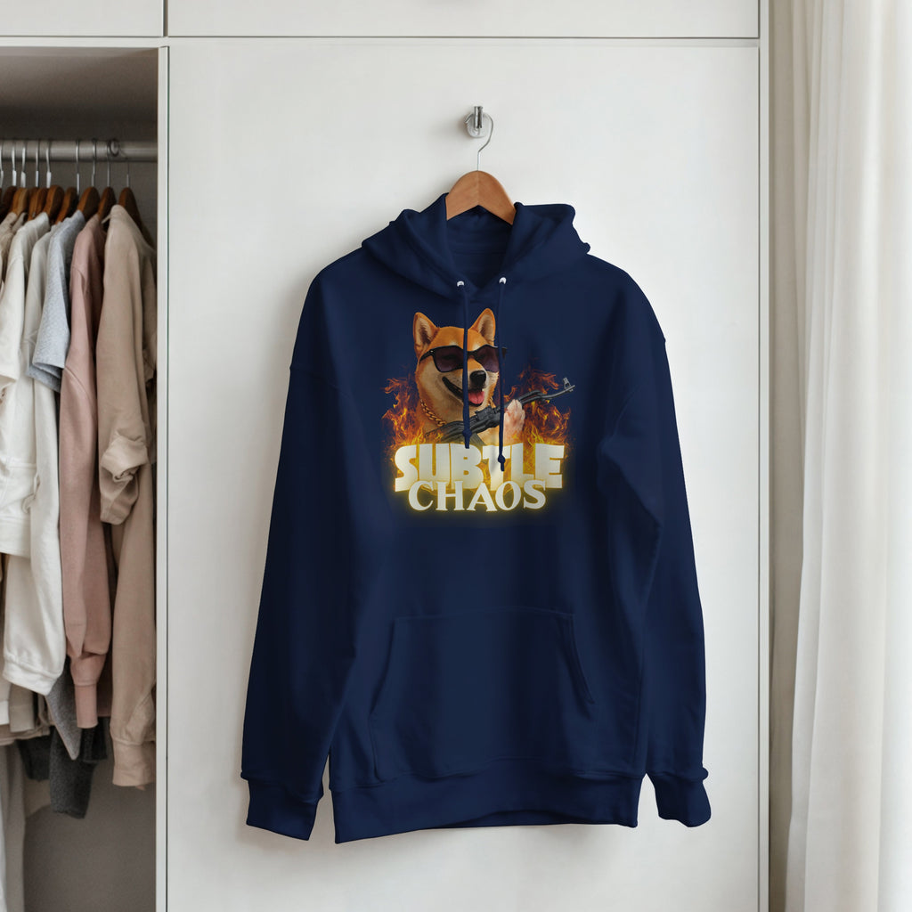 Subtle Chaos Shiba Inu Hoodie | Funny Tactical Dog Hooded Sweatshirt | AK47 Meme Clothing | Military History Buff Gift Graphic Outerwear