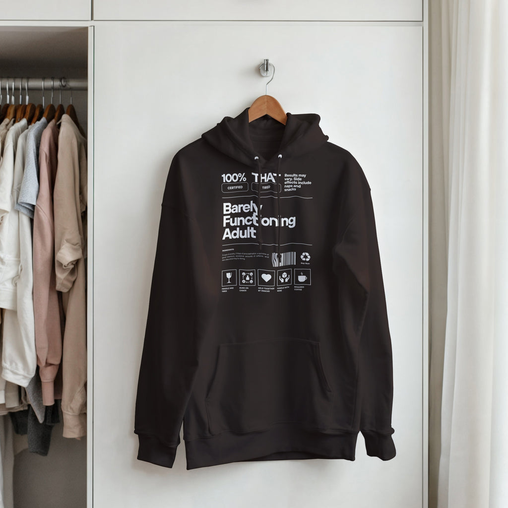 Barely Functioning Adult Hoodie | Funny Meme Hoodie | Sarcastic Gift | Tired Adult Hoodie | Chaos Coffee Anxiety | Gift For Her Him