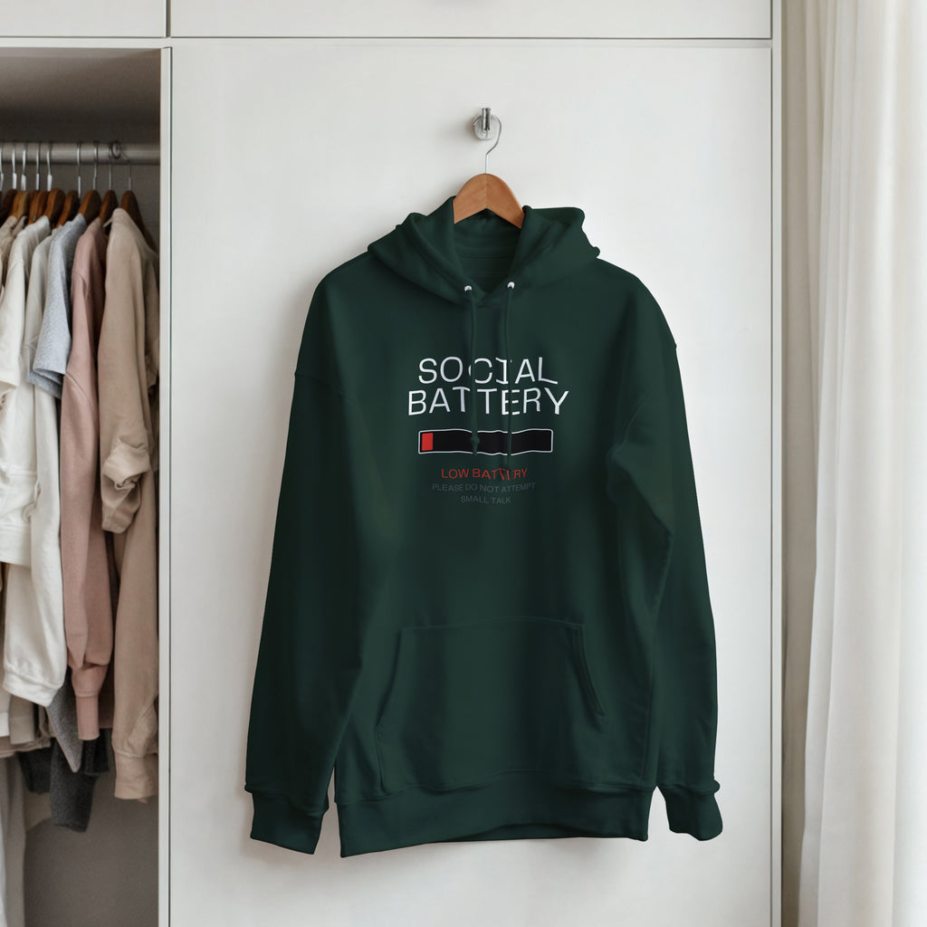 Social Battery Low Hoodie | Introvert Graphic Hooded Sweatshirt | Funny Sarcastic Pullover Hoody | Anti Social Gift | No Small Talk Clothing