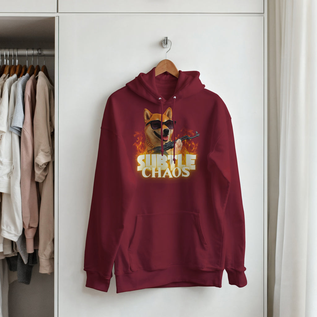 Subtle Chaos Shiba Inu Hoodie | Funny Tactical Dog Hooded Sweatshirt | AK47 Meme Clothing | Military History Buff Gift Graphic Outerwear