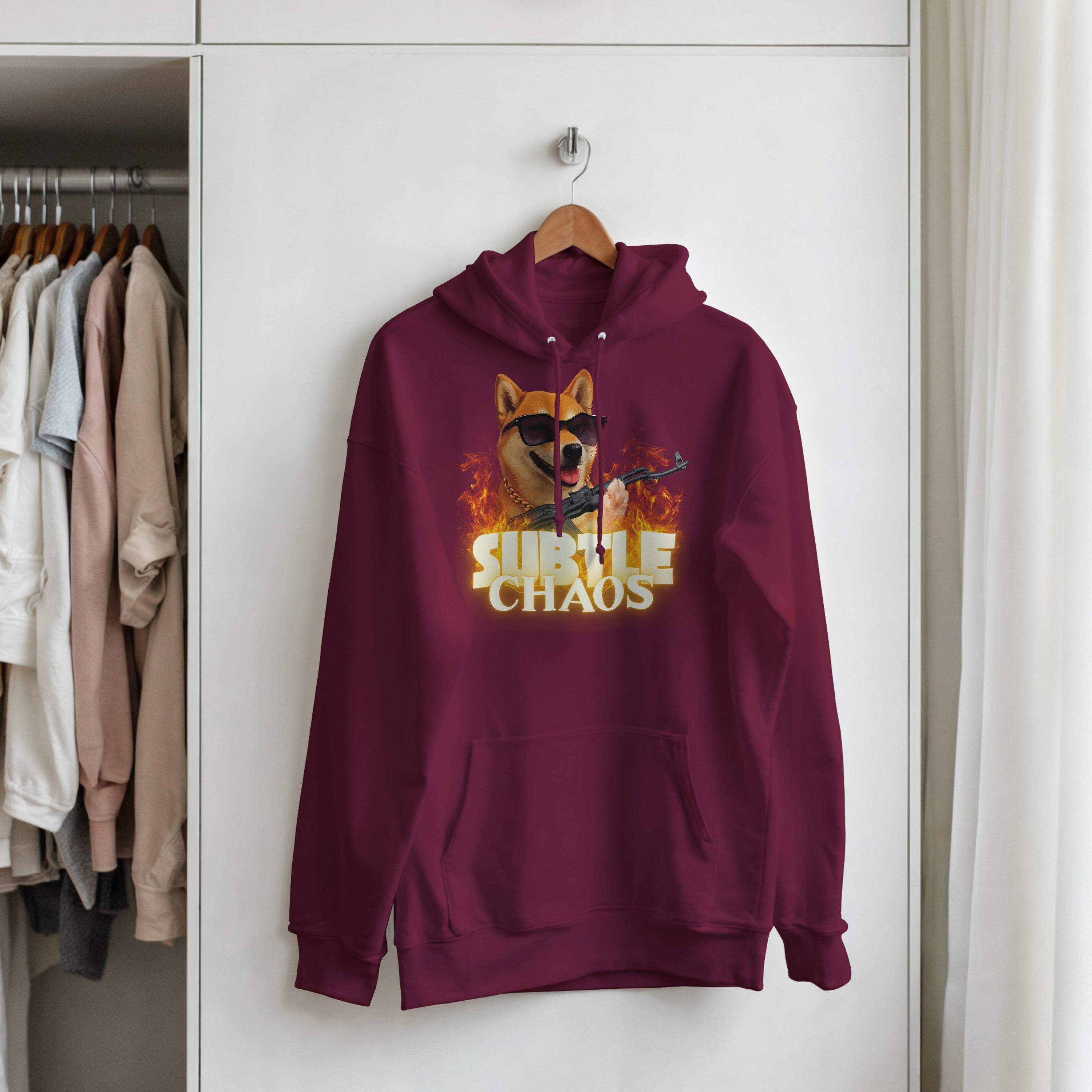 Subtle Chaos Shiba Inu Hoodie | Funny Tactical Dog Hooded Sweatshirt | AK47 Meme Clothing | Military History Buff Gift Graphic Outerwear