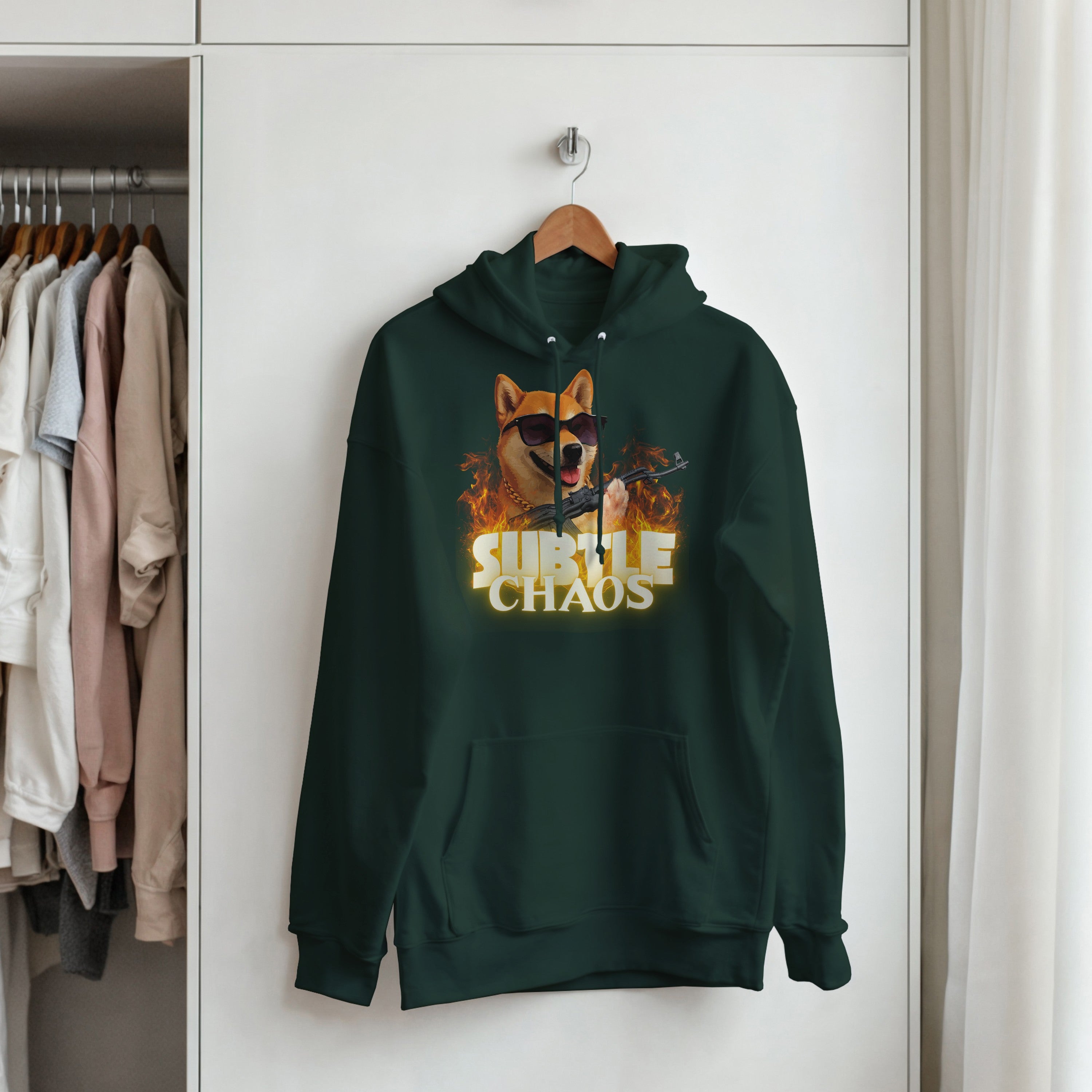 Subtle Chaos Shiba Inu Hoodie | Funny Tactical Dog Hooded Sweatshirt | AK47 Meme Clothing | Military History Buff Gift Graphic Outerwear