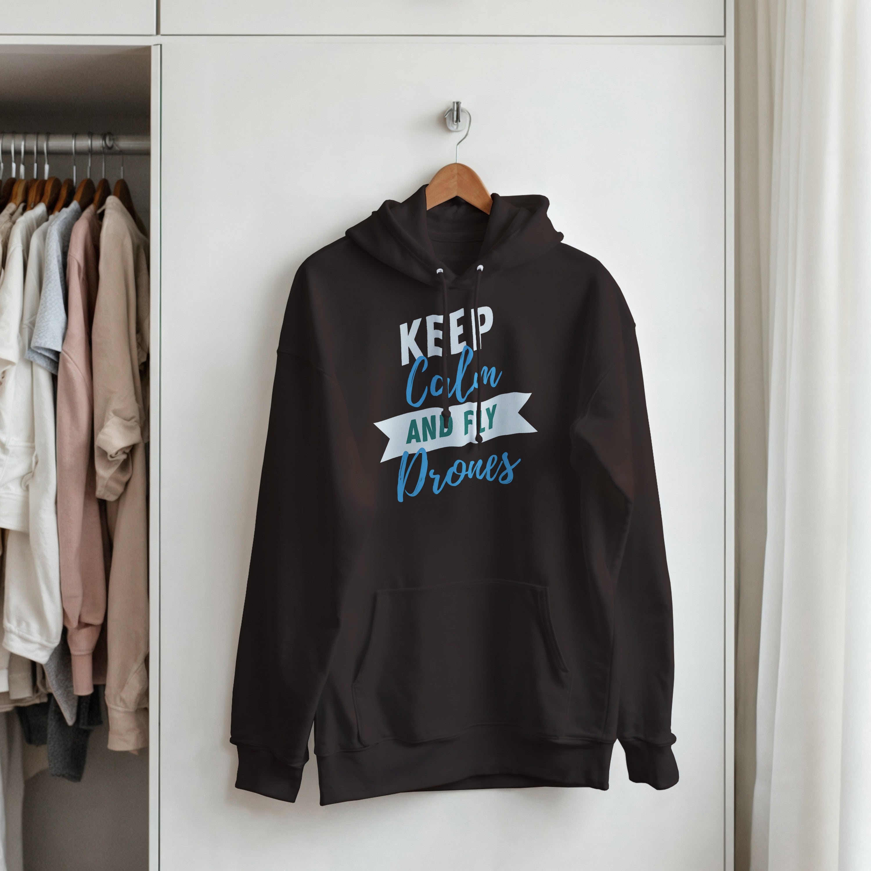 Keep Calm and Fly Drones Hoodie | FPV Quadcopter Hooded Sweatshirt | UAV Pilot Pullover | Drone Racing Graphic Hoodie | Tech Apparel