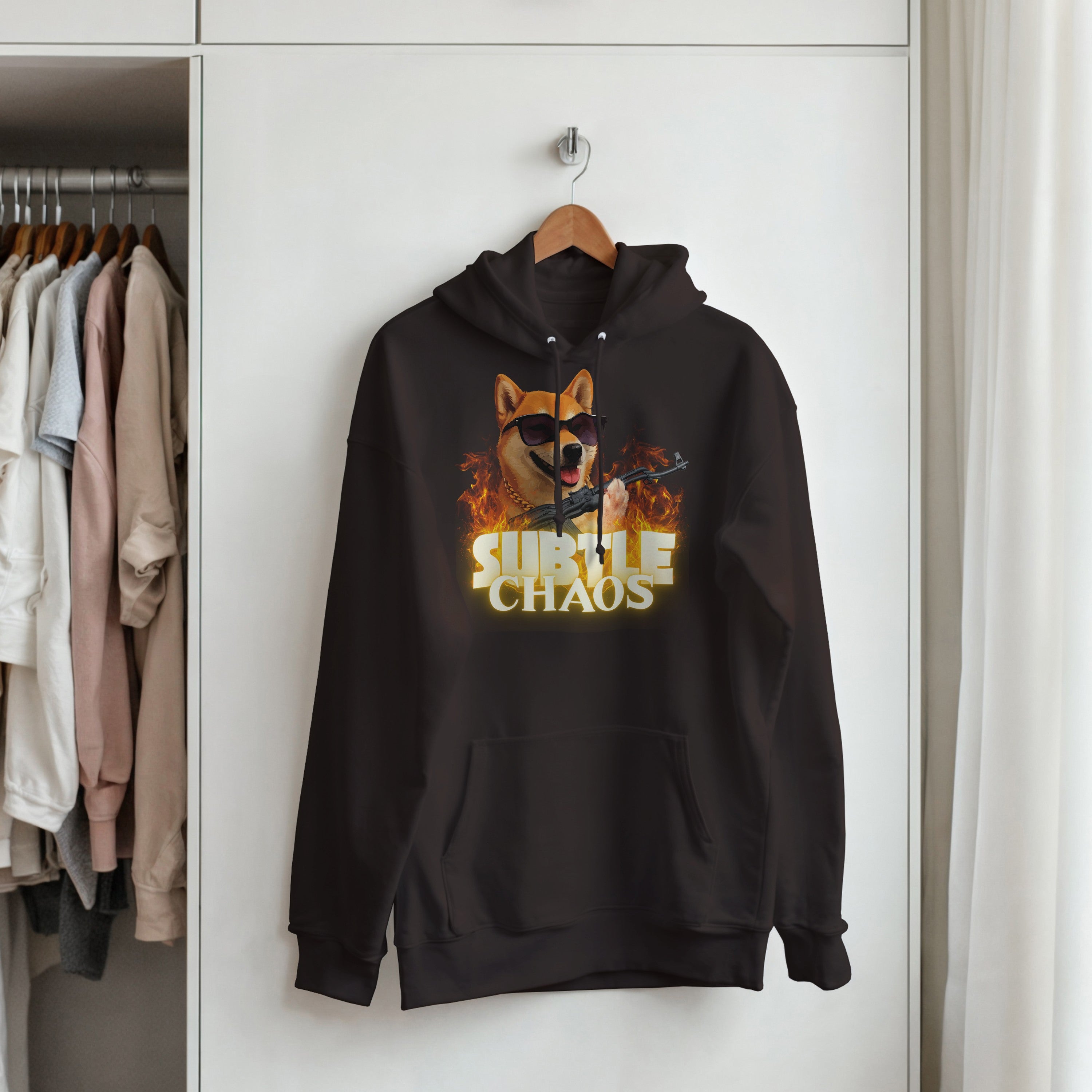 Subtle Chaos Shiba Inu Hoodie | Funny Tactical Dog Hooded Sweatshirt | AK47 Meme Clothing | Military History Buff Gift Graphic Outerwear