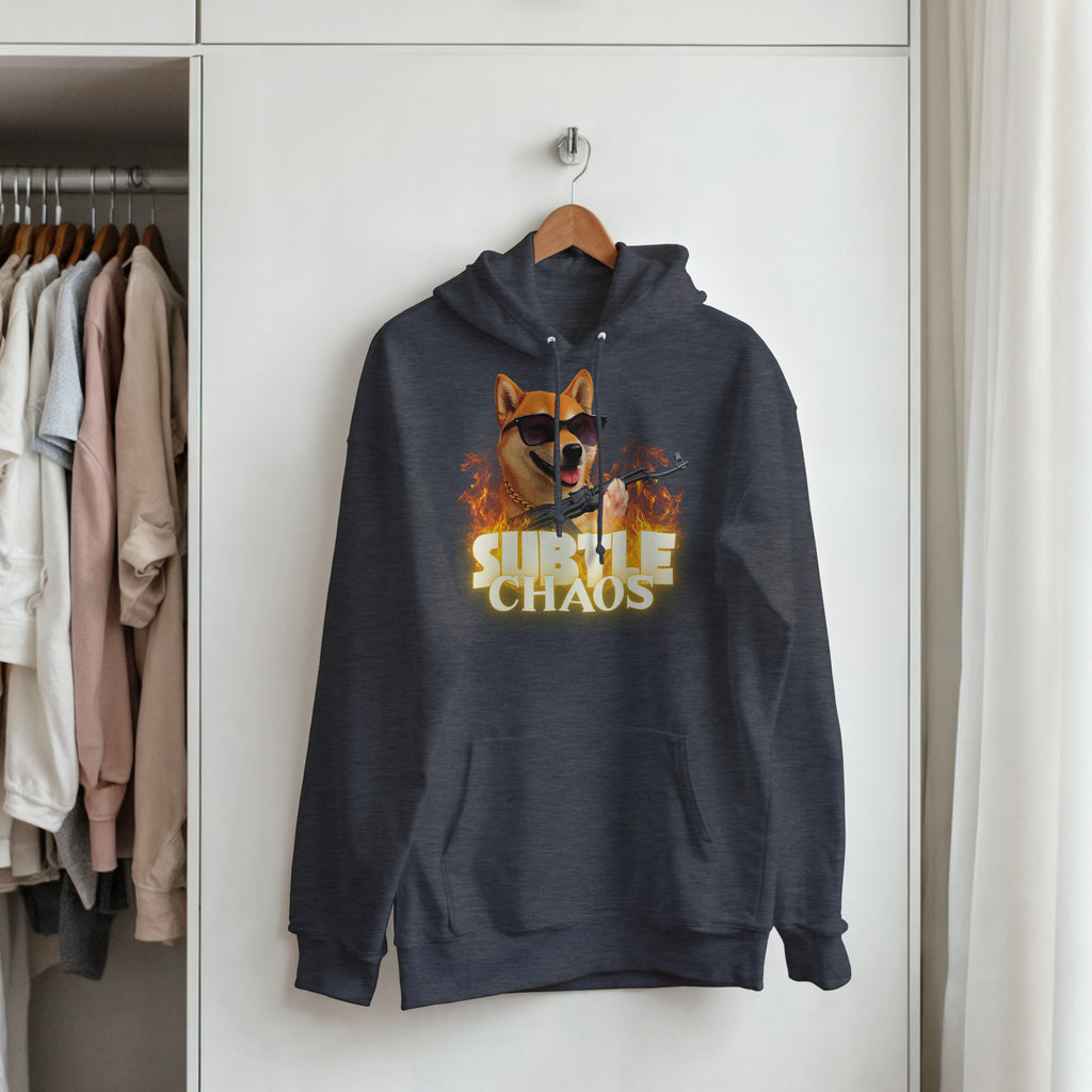 Subtle Chaos Shiba Inu Hoodie | Funny Tactical Dog Hooded Sweatshirt | AK47 Meme Clothing | Military History Buff Gift Graphic Outerwear