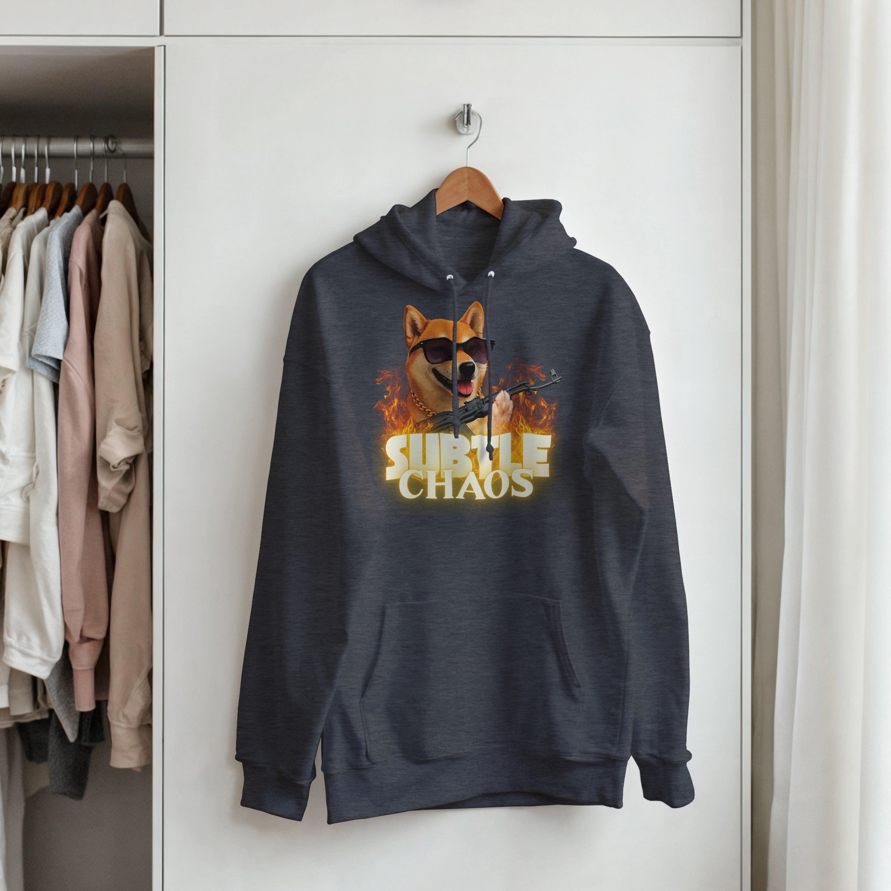 Subtle Chaos Shiba Inu Hoodie | Funny Tactical Dog Hooded Sweatshirt | AK47 Meme Clothing | Military History Buff Gift Graphic Outerwear