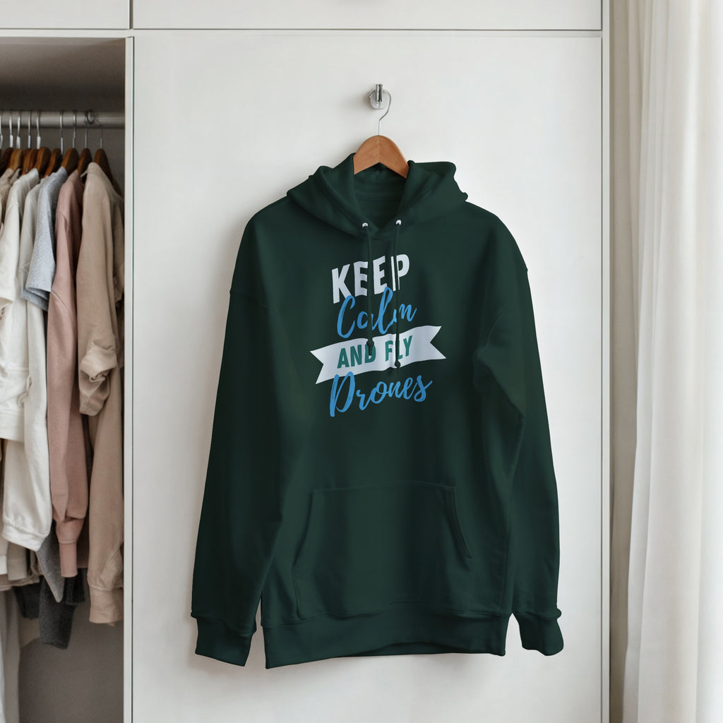 Keep Calm and Fly Drones Hoodie | FPV Quadcopter Hooded Sweatshirt | UAV Pilot Pullover | Drone Racing Graphic Hoodie | Tech Apparel