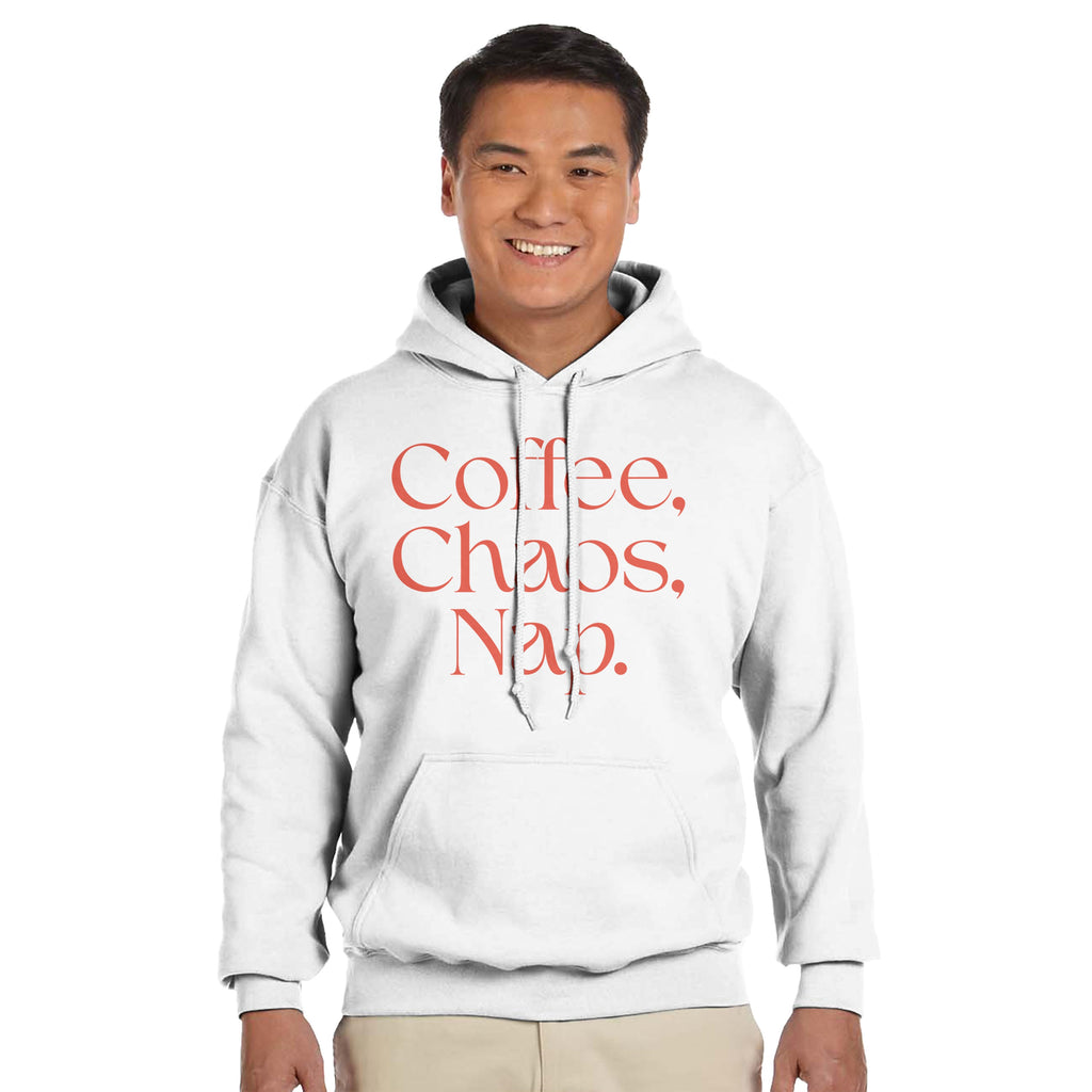 Coffee | Chaos | Nap | Minimalist Hoodie | Trendy Aesthetic Streetwear | Unisex Graphic Pullover | Cozy Loungewear | Funny Relatable Gift