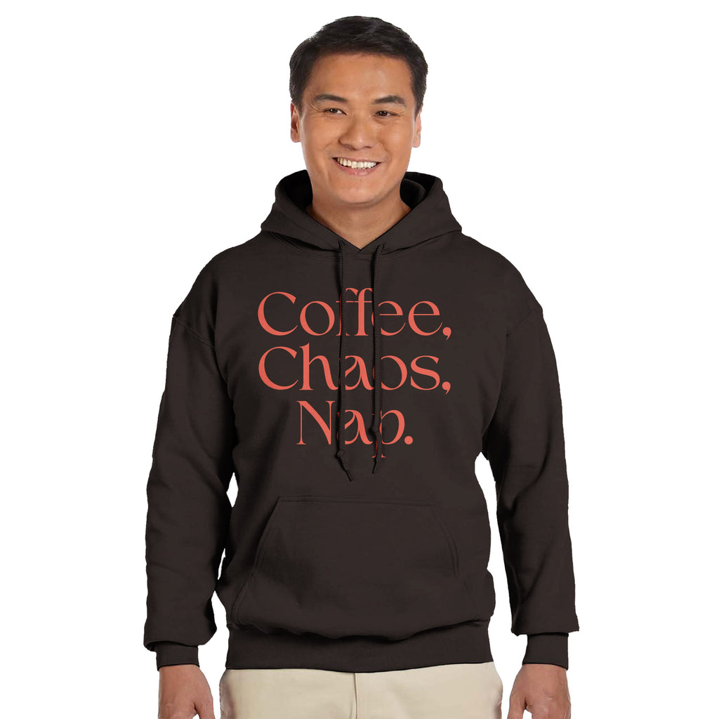 Coffee | Chaos | Nap | Minimalist Hoodie | Trendy Aesthetic Streetwear | Unisex Graphic Pullover | Cozy Loungewear | Funny Relatable Gift