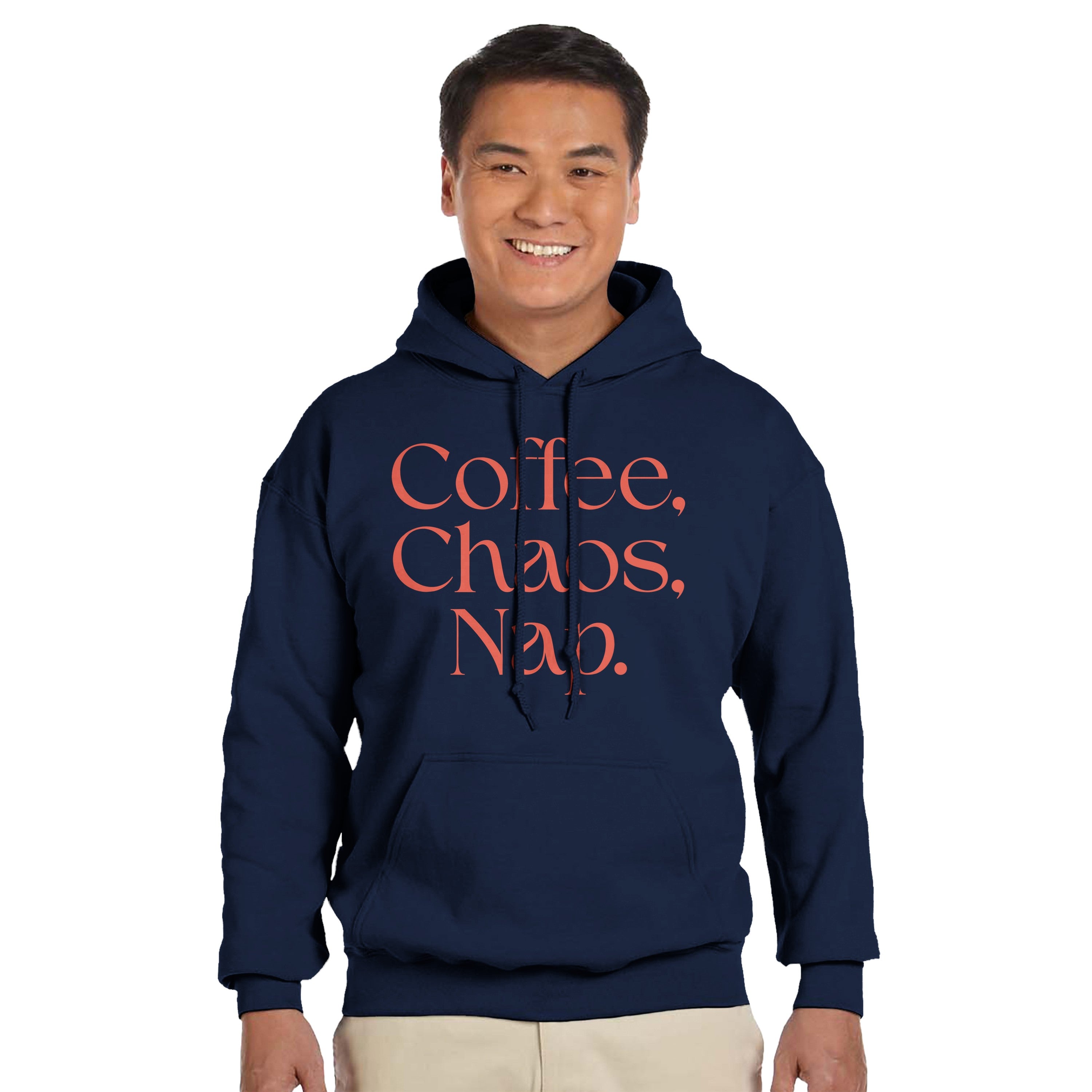 Coffee | Chaos | Nap | Minimalist Hoodie | Trendy Aesthetic Streetwear | Unisex Graphic Pullover | Cozy Loungewear | Funny Relatable Gift