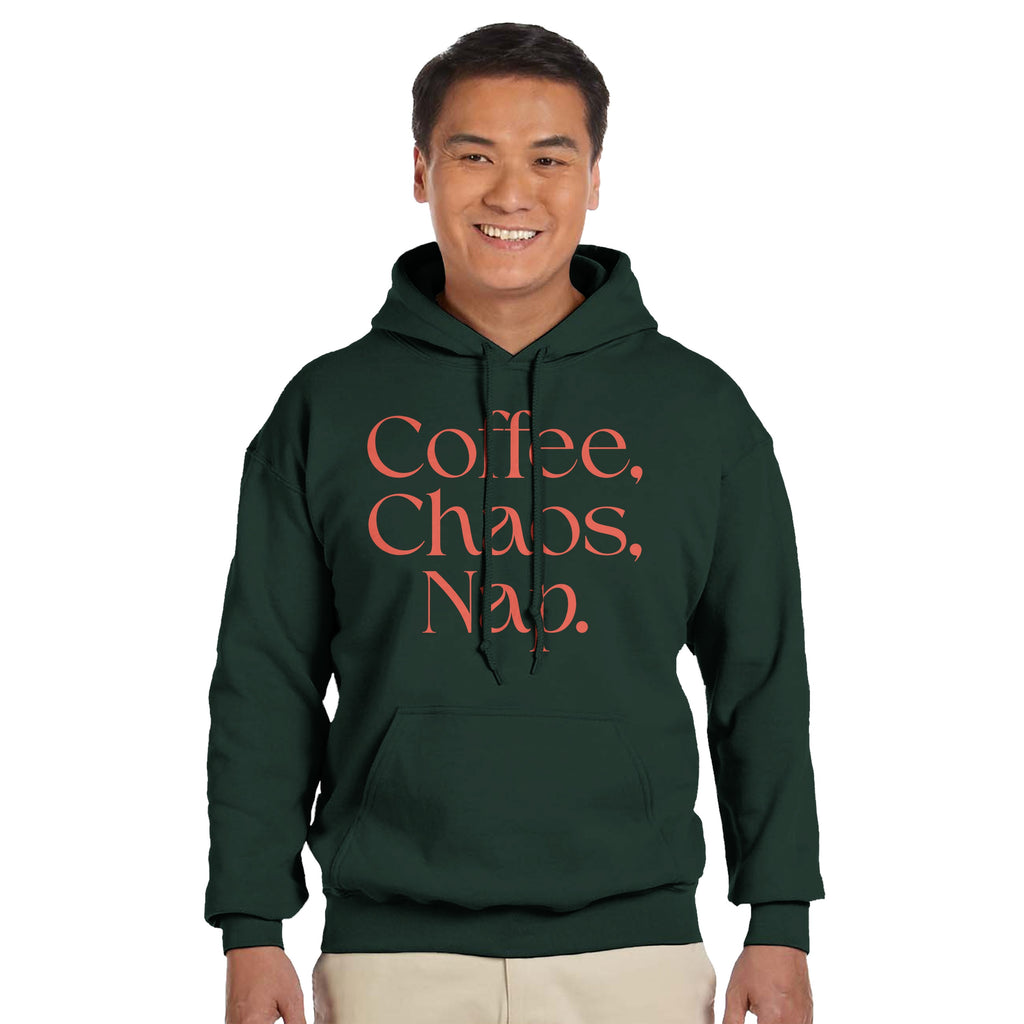 Coffee | Chaos | Nap | Minimalist Hoodie | Trendy Aesthetic Streetwear | Unisex Graphic Pullover | Cozy Loungewear | Funny Relatable Gift