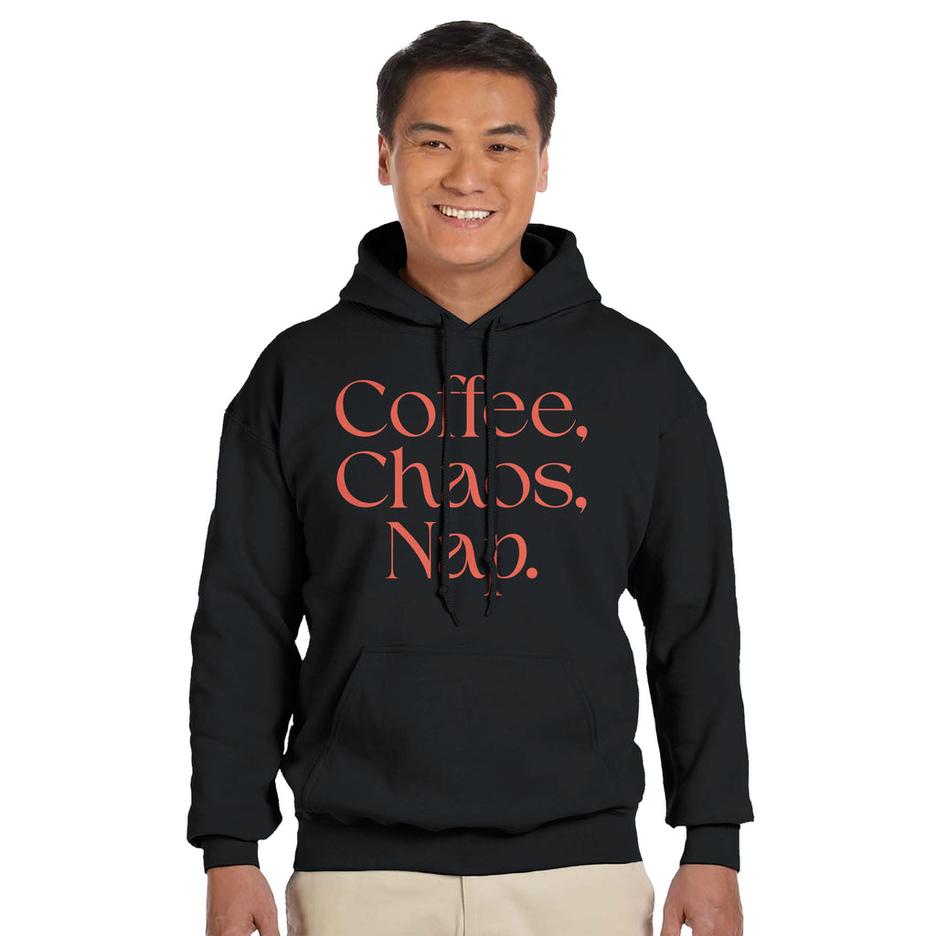 Coffee | Chaos | Nap | Minimalist Hoodie | Trendy Aesthetic Streetwear | Unisex Graphic Pullover | Cozy Loungewear | Funny Relatable Gift