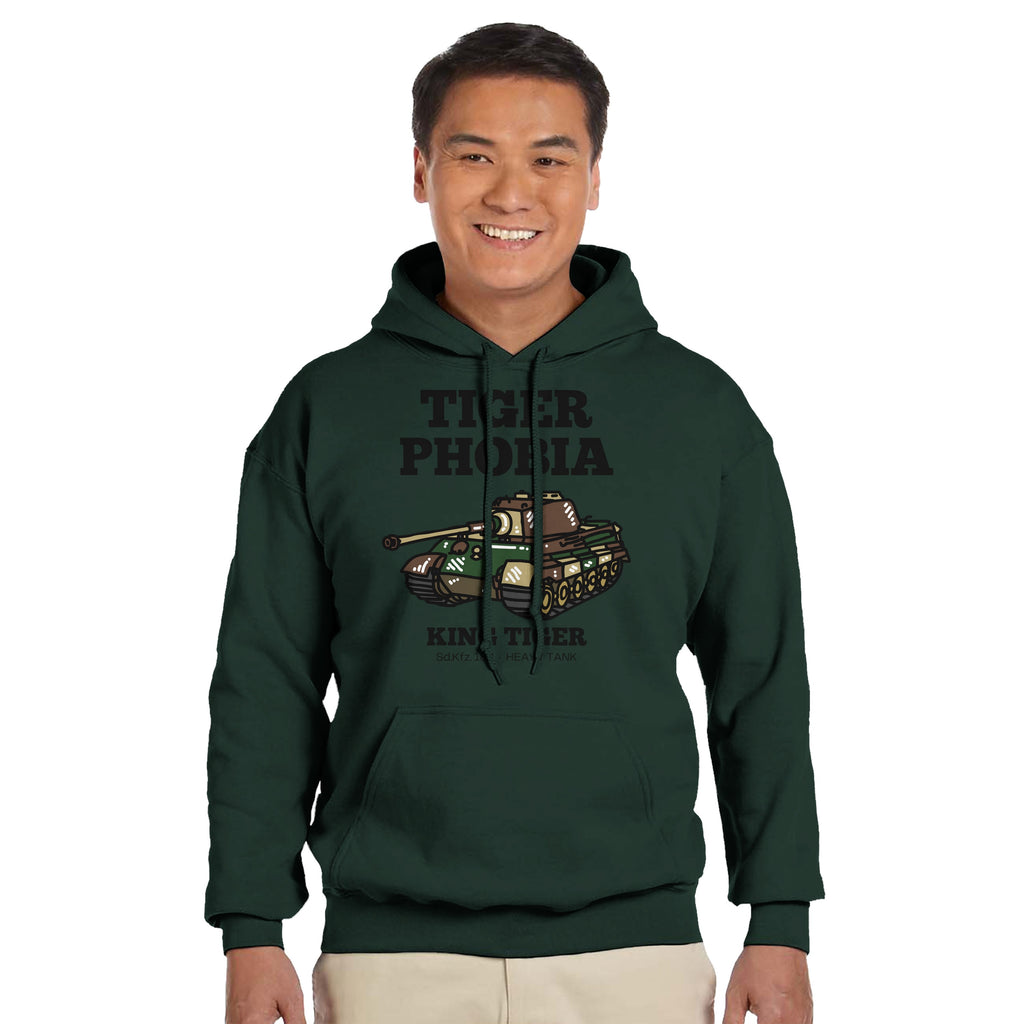 King Tiger Hoodie | Tigerphobia WWII Panzer Apparel | Sd.Kfz. 182 Heavy Tank Graphic Pullover | Gift for Military History & Armor Fans