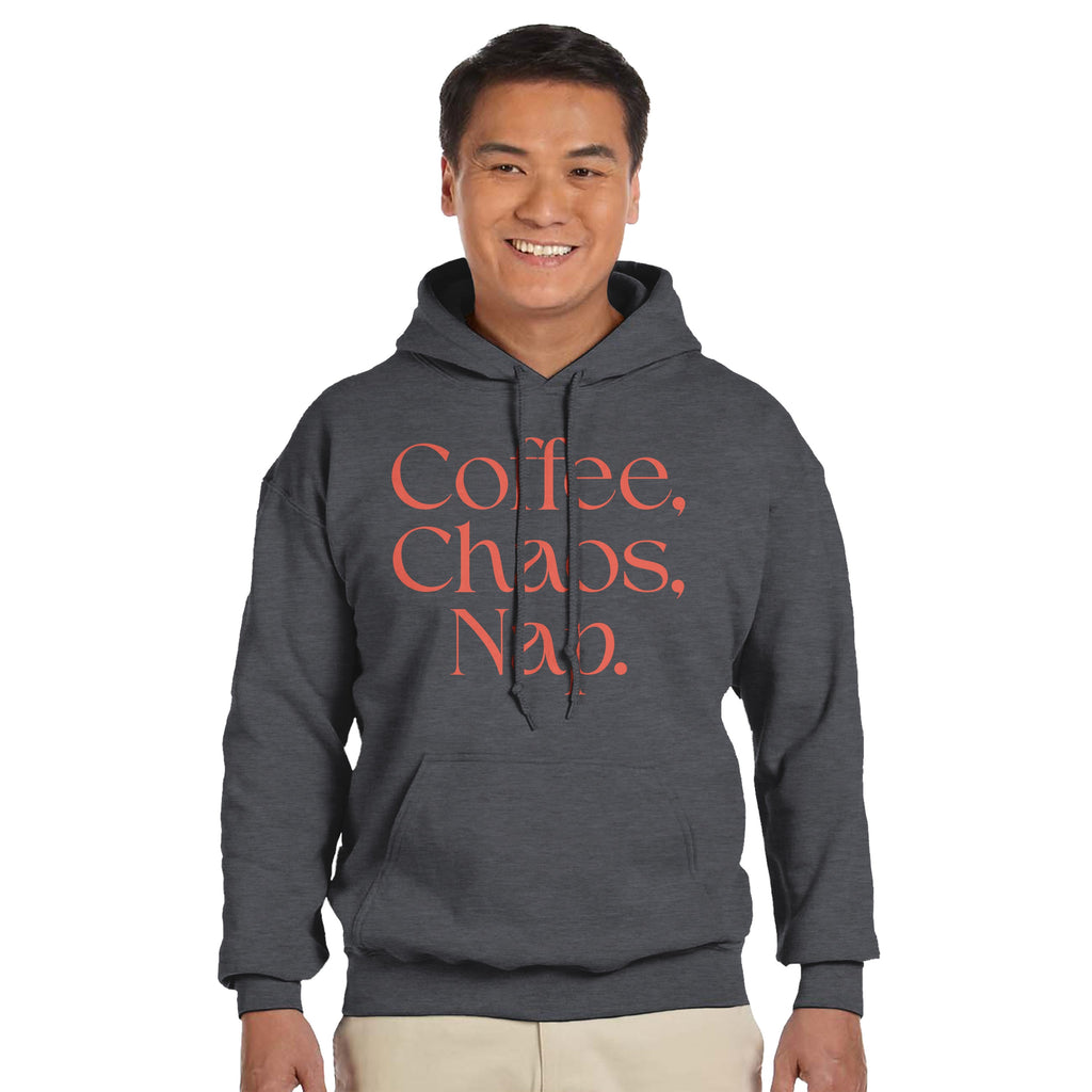 Coffee | Chaos | Nap | Minimalist Hoodie | Trendy Aesthetic Streetwear | Unisex Graphic Pullover | Cozy Loungewear | Funny Relatable Gift