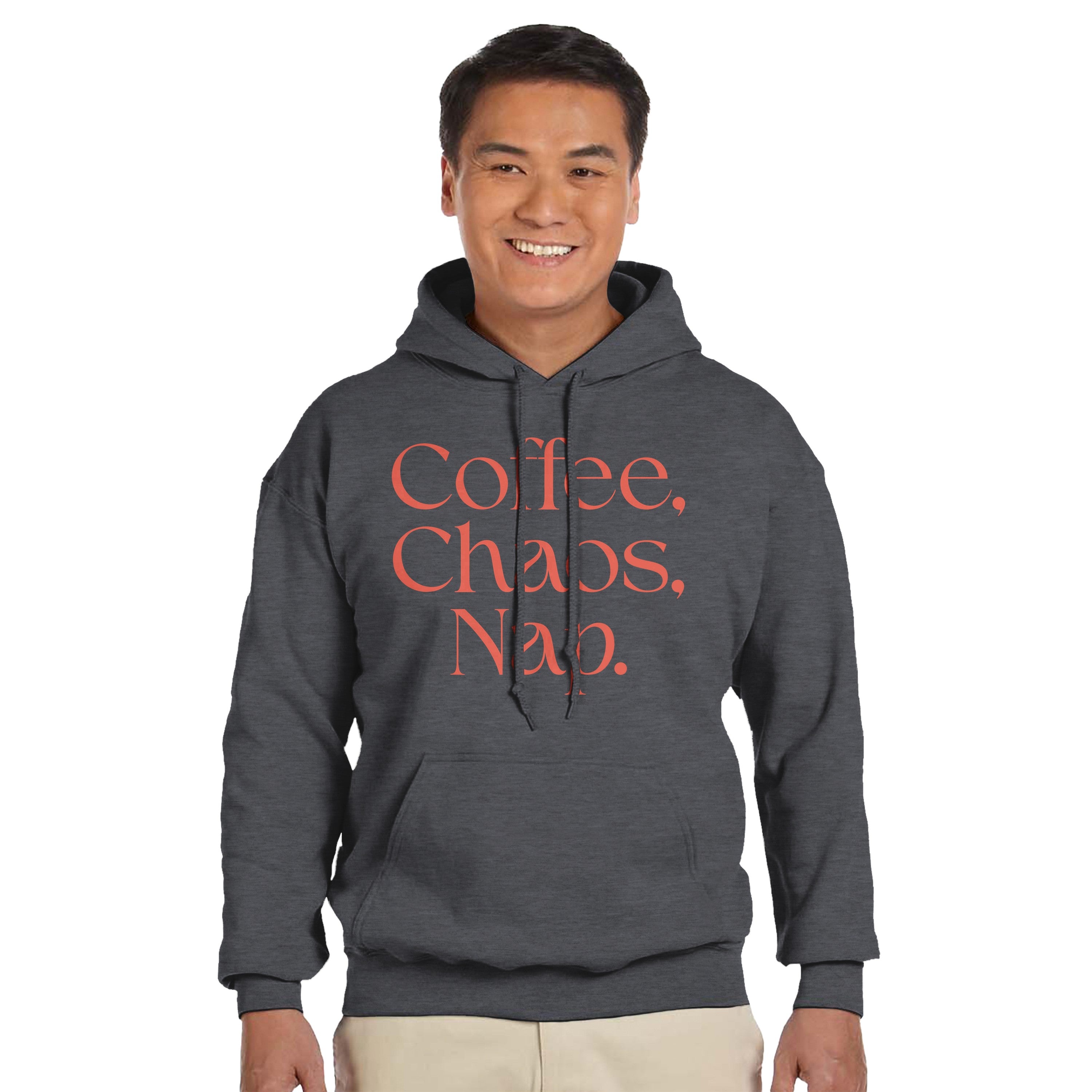Coffee | Chaos | Nap | Minimalist Hoodie | Trendy Aesthetic Streetwear | Unisex Graphic Pullover | Cozy Loungewear | Funny Relatable Gift