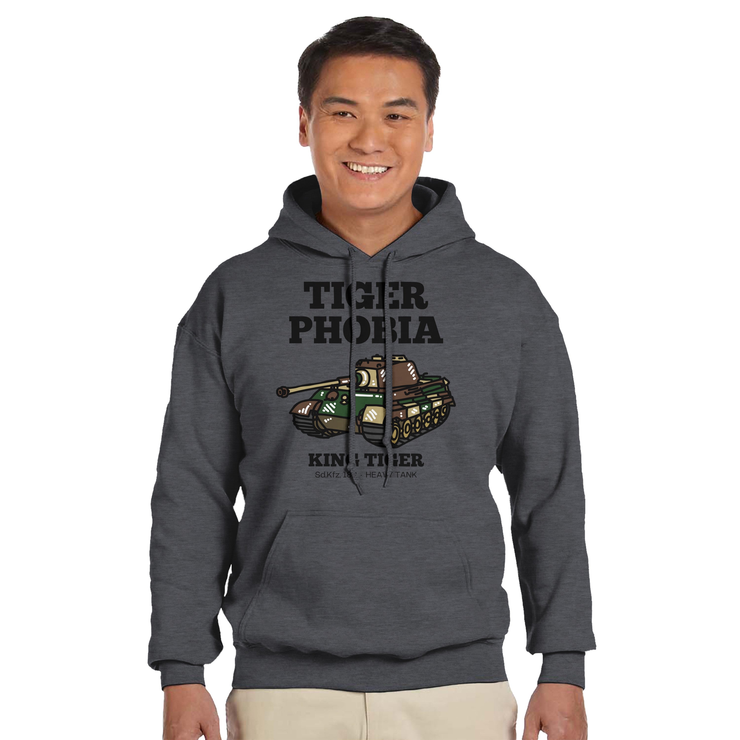 King Tiger Hoodie | Tigerphobia WWII Panzer Apparel | Sd.Kfz. 182 Heavy Tank Graphic Pullover | Gift for Military History & Armor Fans